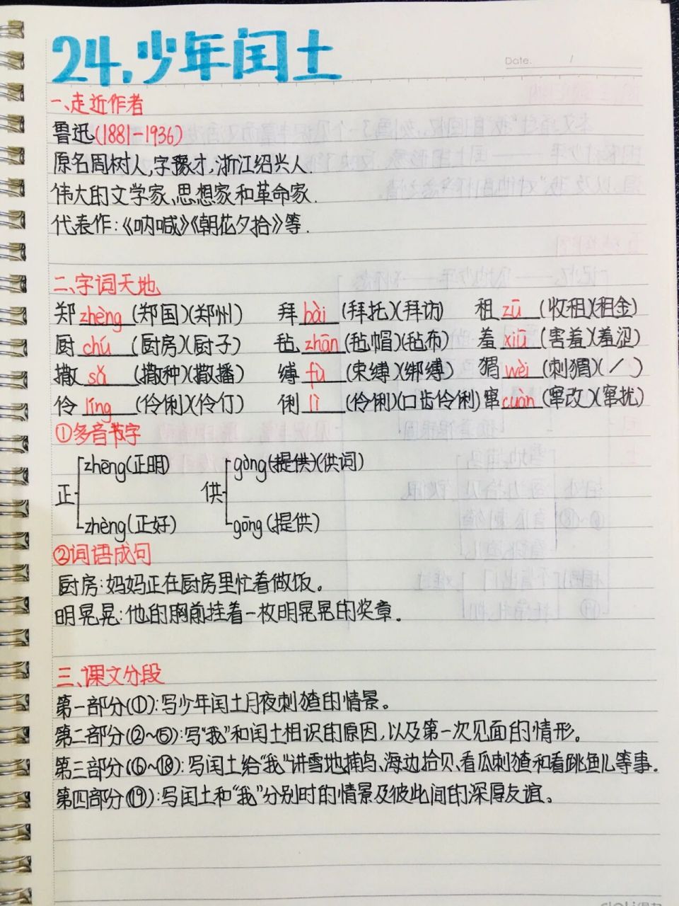 六年级上语文预习笔记第24课《少年闰土》