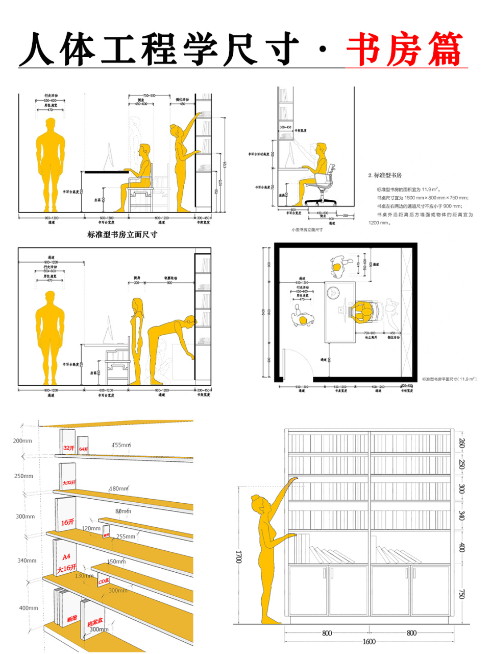 室内设计师必看75书房&书柜人体工程学尺寸 02书本单体尺寸 书柜