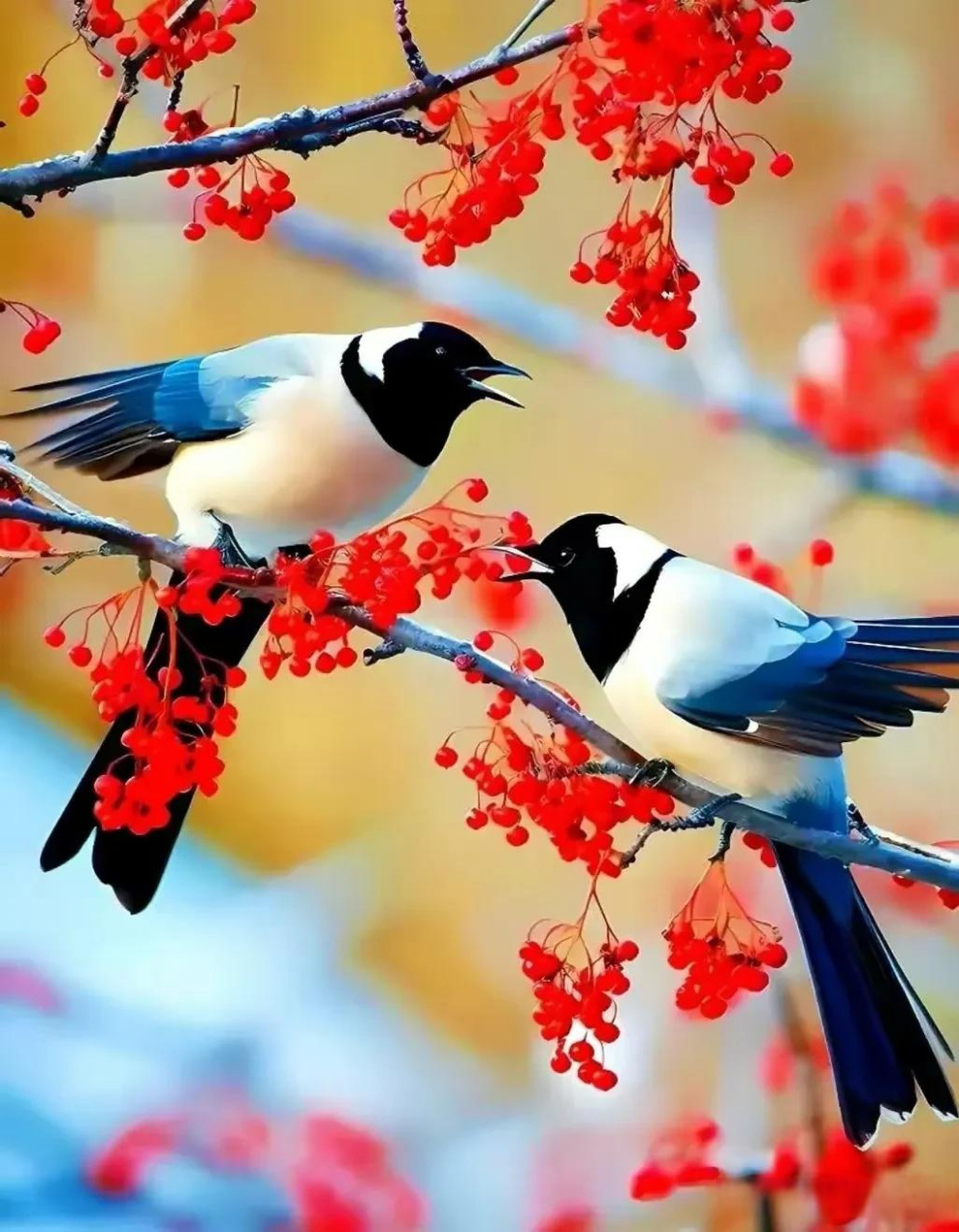 《两只喜鹊》 两只喜鹊枝头闹, 欢歌笑语传云霄.