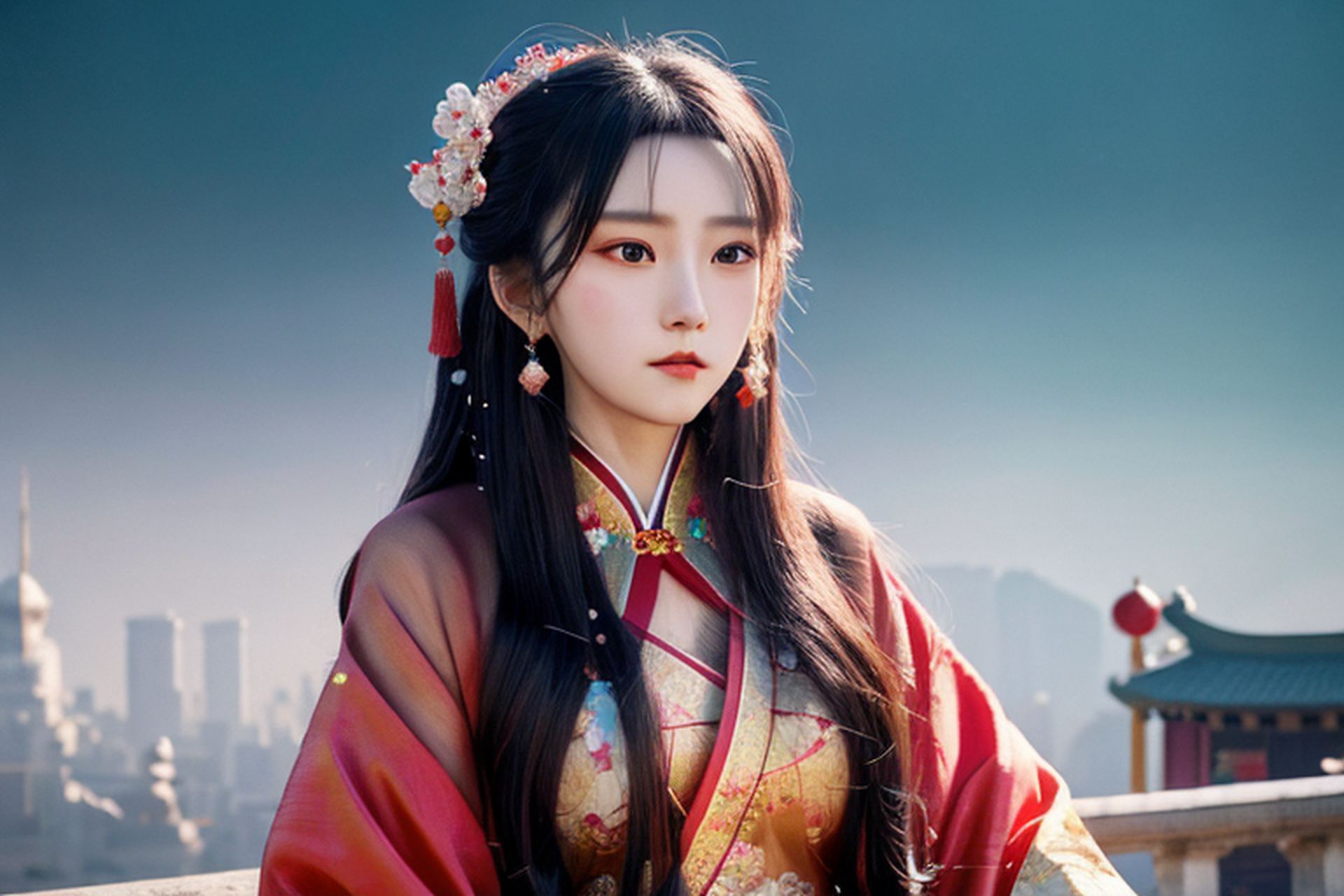 水畔一行宫装丽人提灯前行,纱料簌簌作响,后头跟着个红衫美人,清荷般