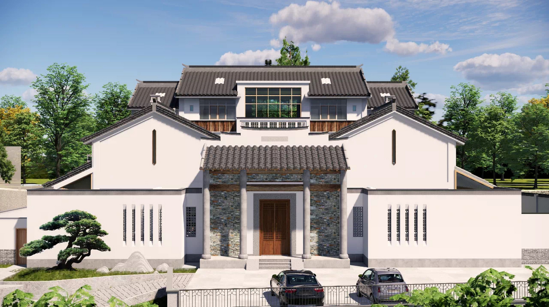 现代中式四合院别墅设计图纸外观效果图