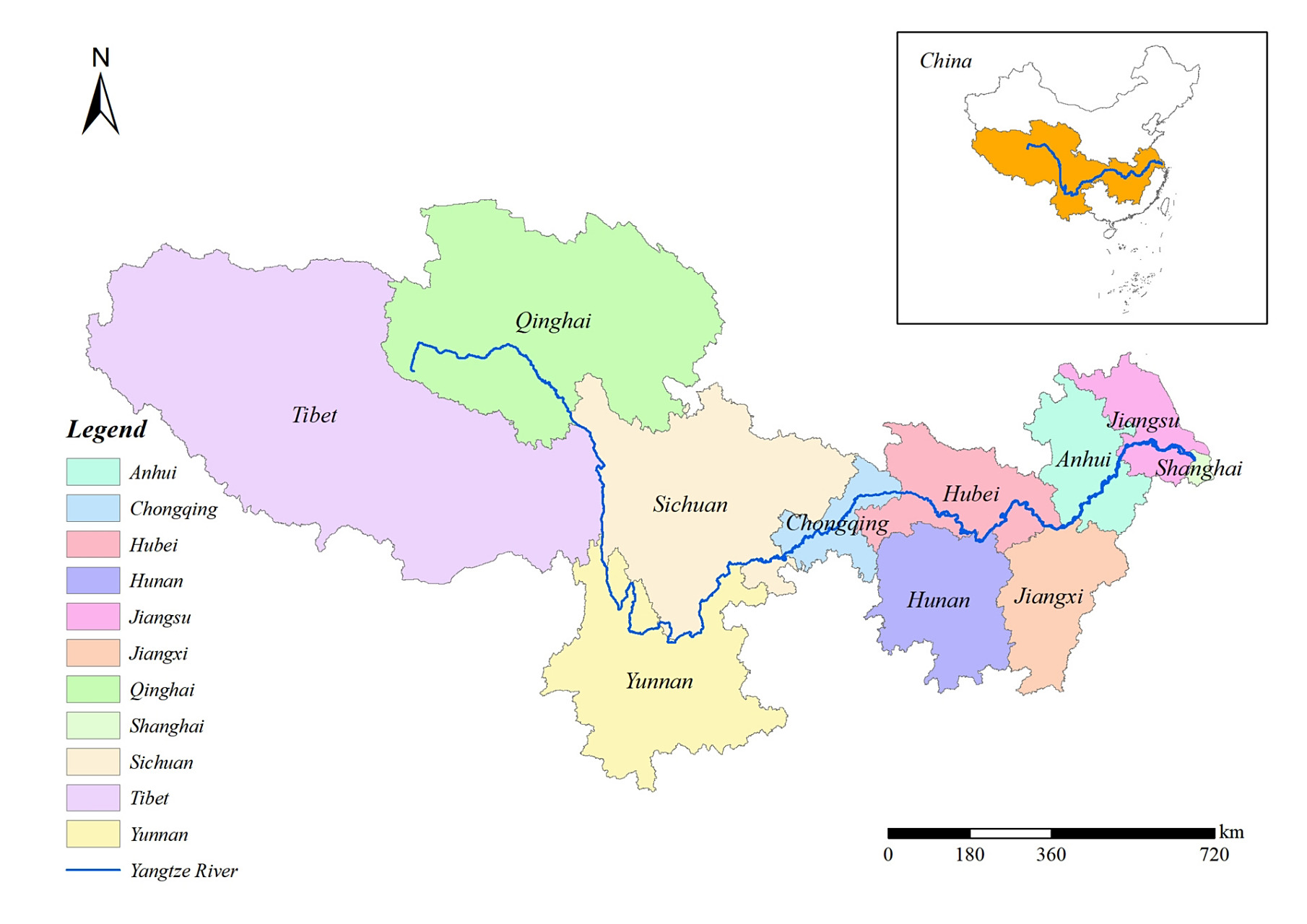 长江干流流经省份区位图