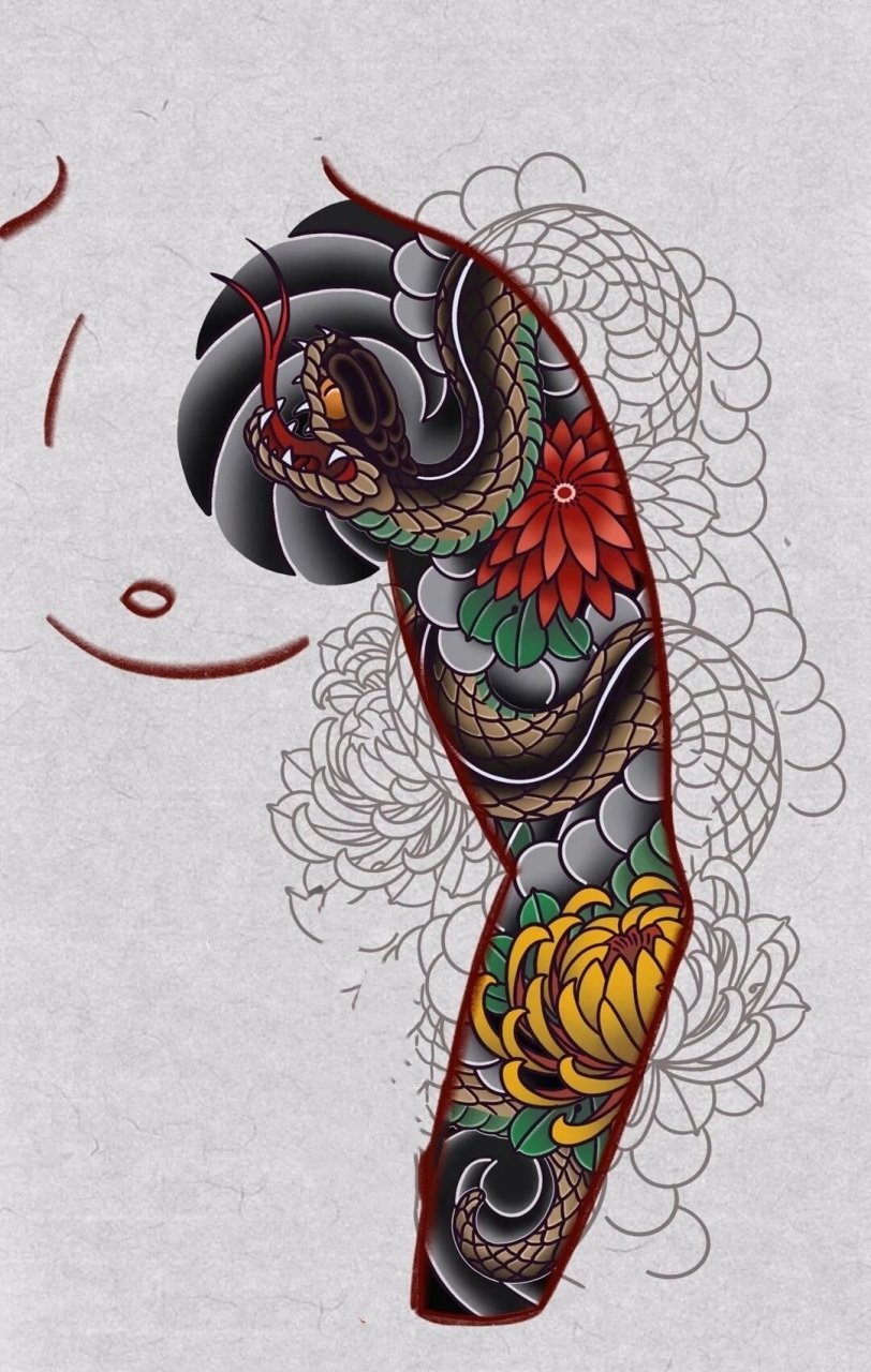 半甲七分袖纹身手稿  可设计