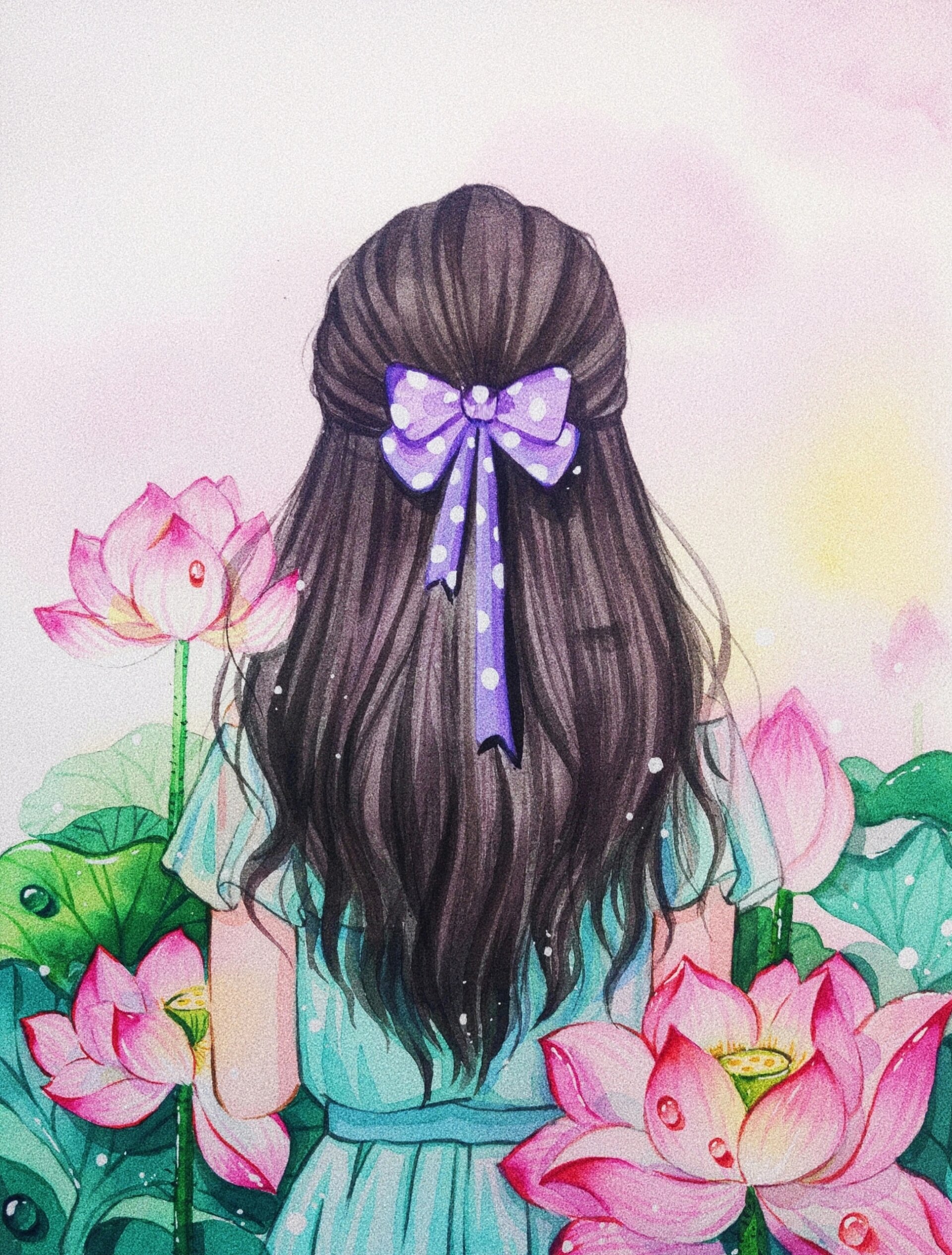 水彩背影系列之【荷花】 #水彩# #原创插画