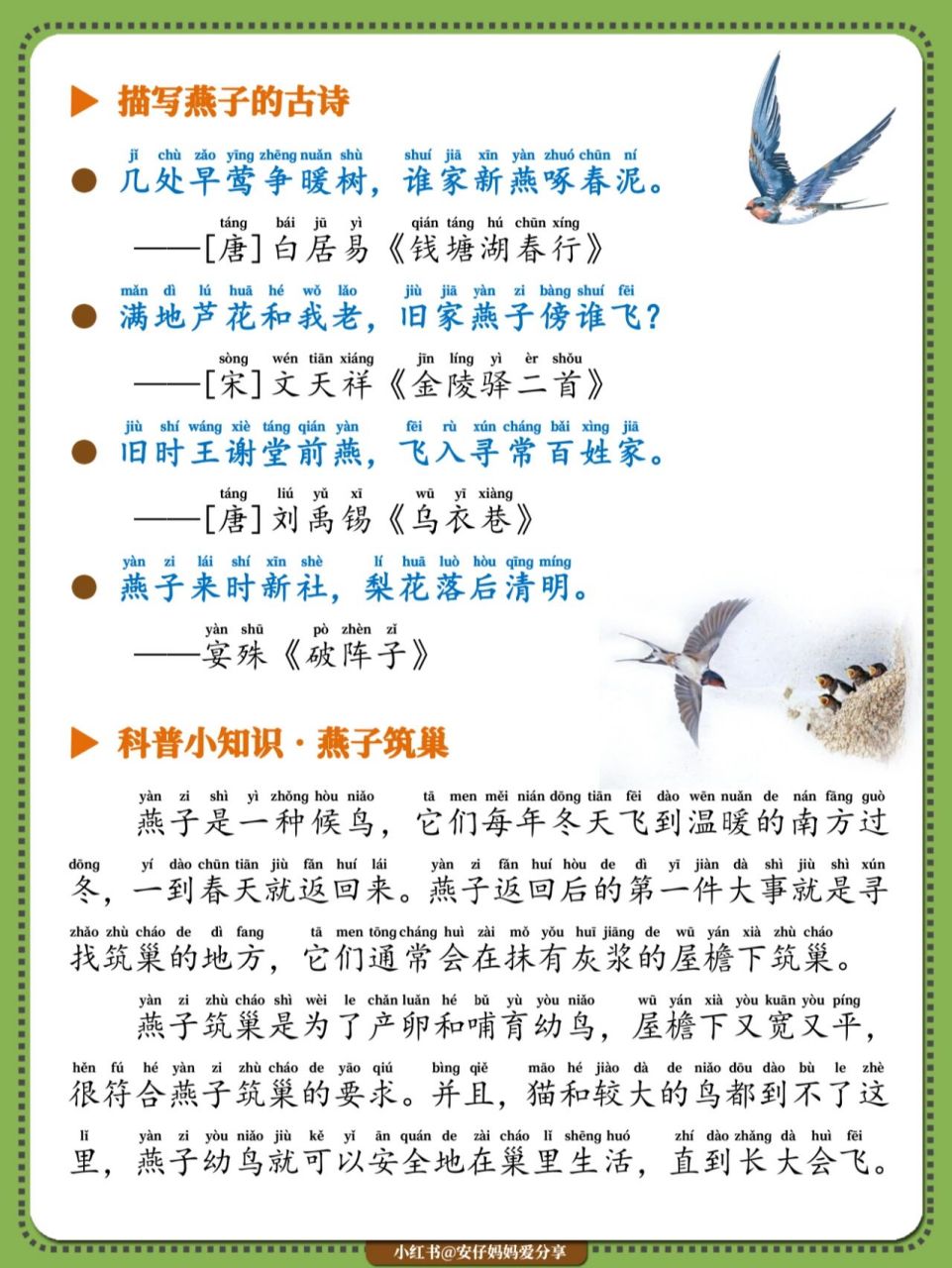 描写燕子/小学生晨读/带拼音/好句摘抄 小学生美文晨读作文(带拼音)已