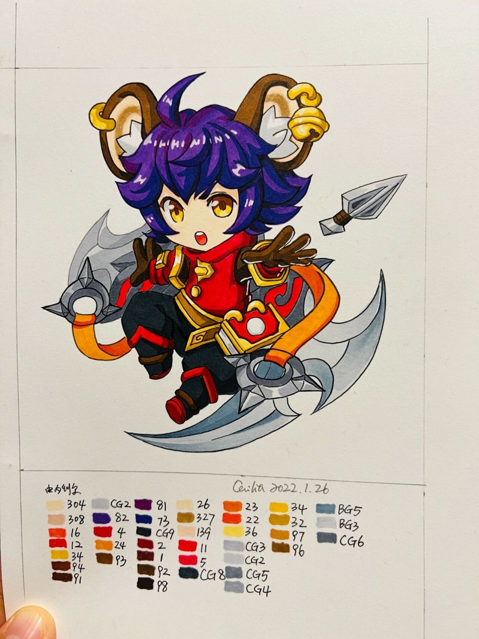 王者李元芳马克笔临摹手绘步骤图 这次感觉是用的颜色最多的一次小画