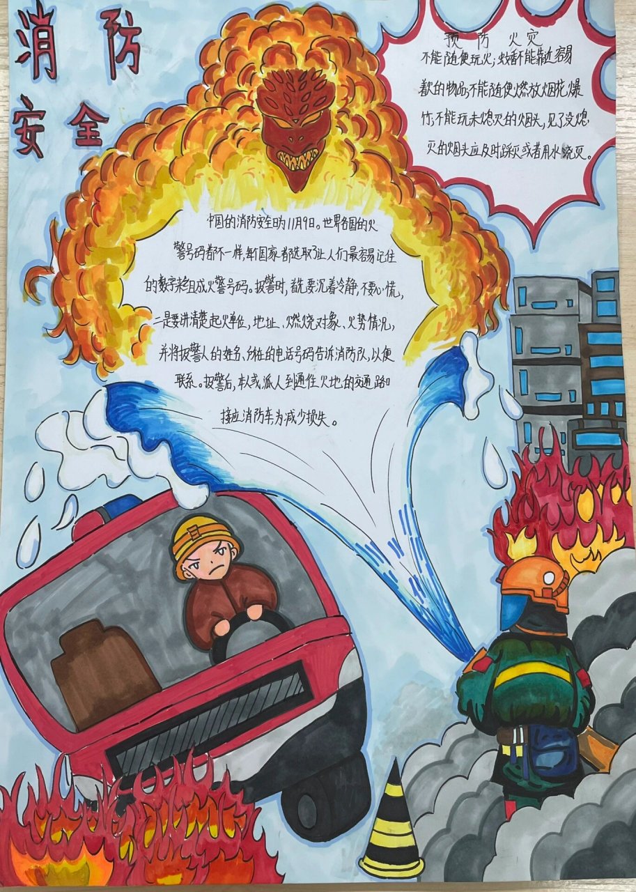 119消防安全教育手抄报 五年级小朋友绘画的手抄报.