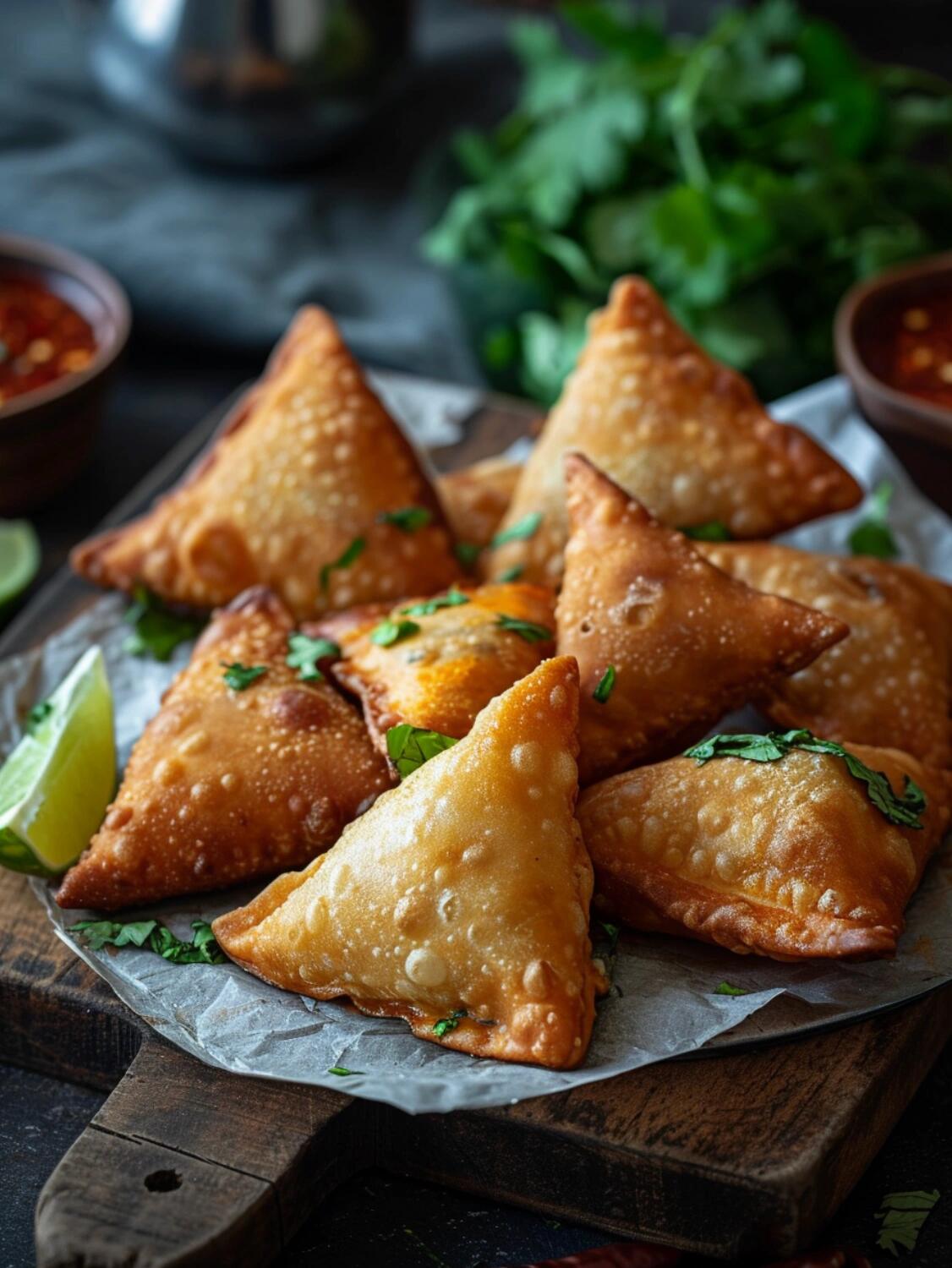 samosa(咖喱角 三角形的炸馅饼,通常以土豆,豌豆和香料为馅,是印度家