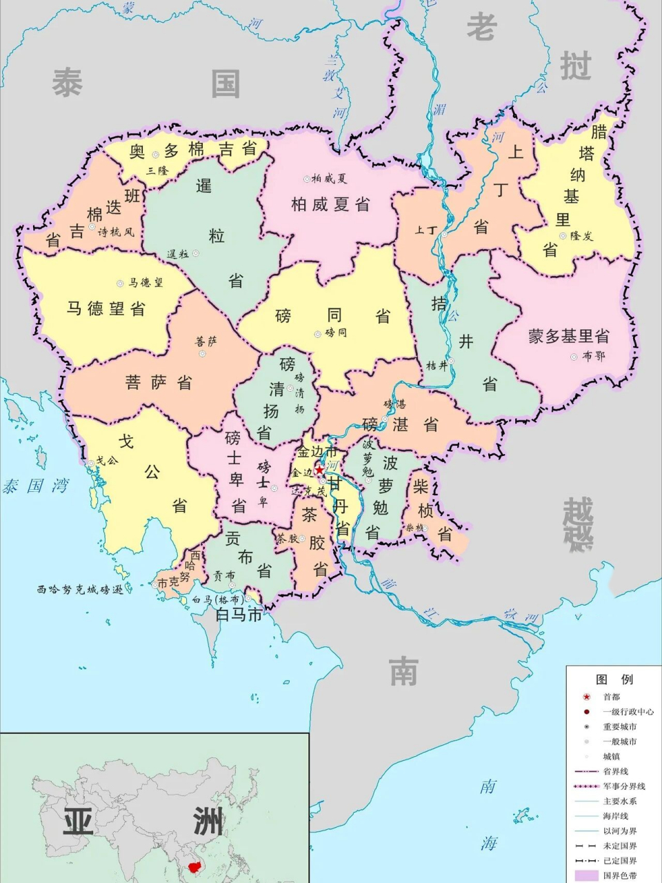 柬埔寨王国区域地图 柬埔寨王国,简称柬埔寨,位于中南半岛,西部及西北
