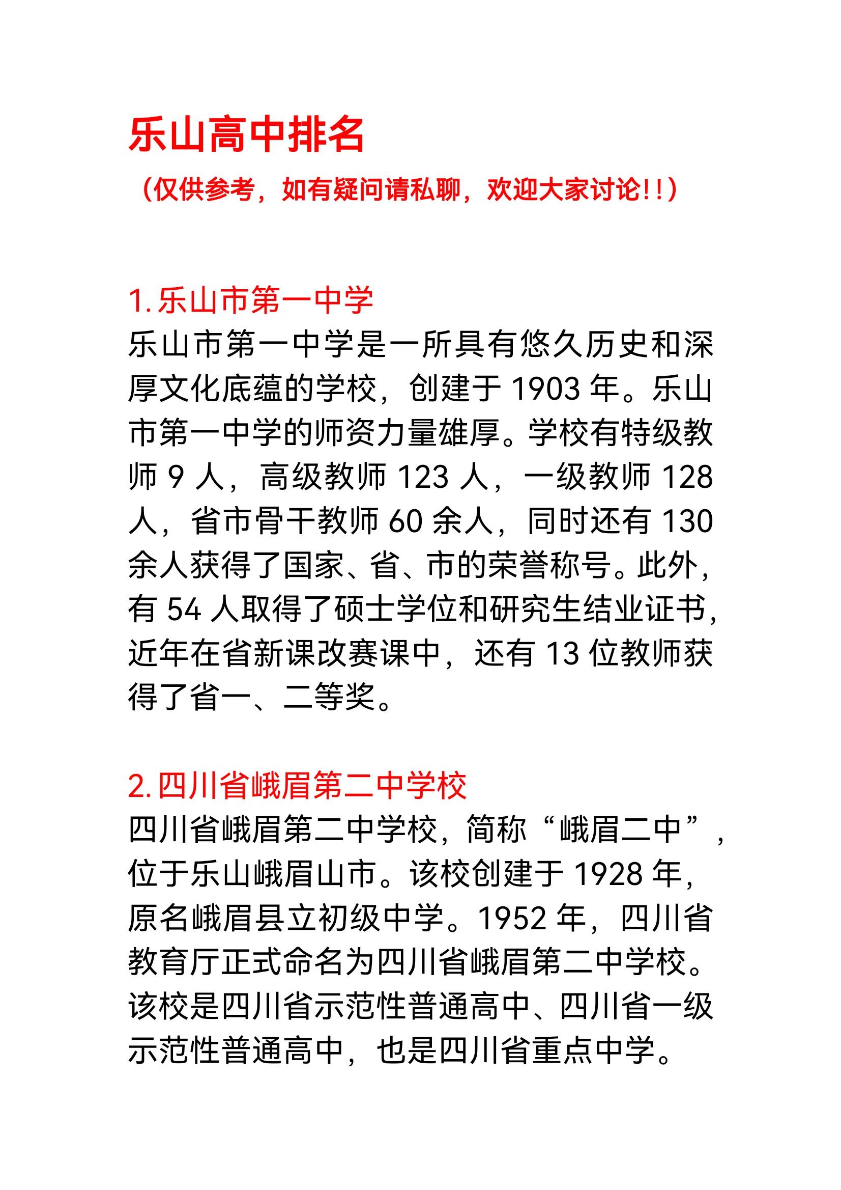 四川省峨眉第二中学校 3.乐山沫若中学 4.四川省夹江中学校 5