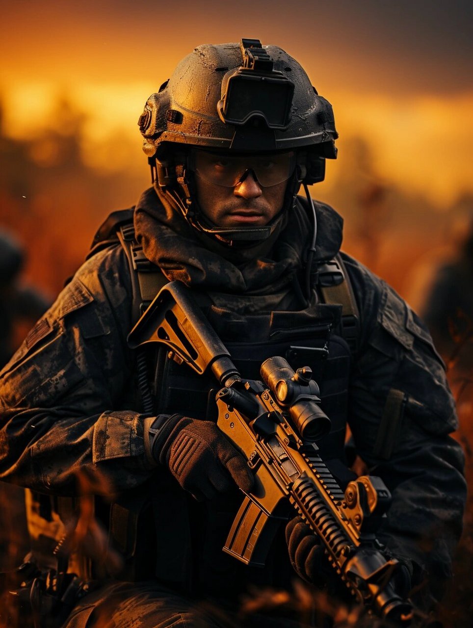 全副武装打扮特种部队士兵,穿着黑色战斗服,战术背心,战术手套