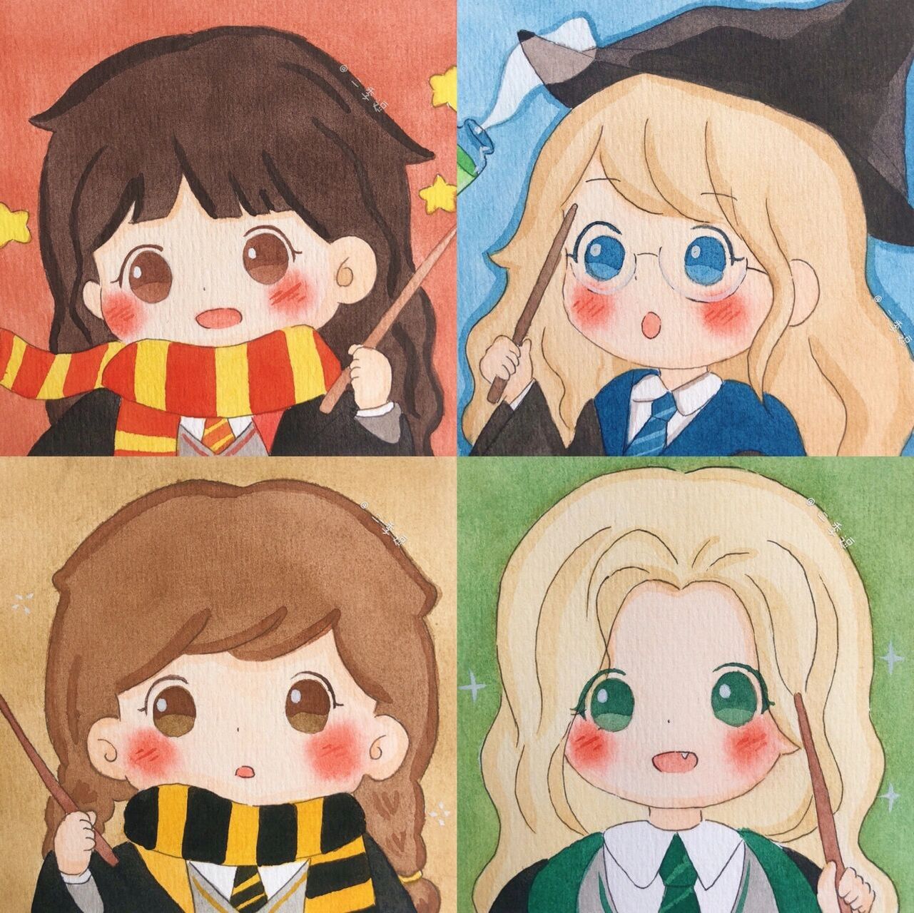 原创手绘头像|哈利波特霍格沃茨四学院 这两天画了哈利波特四学院的