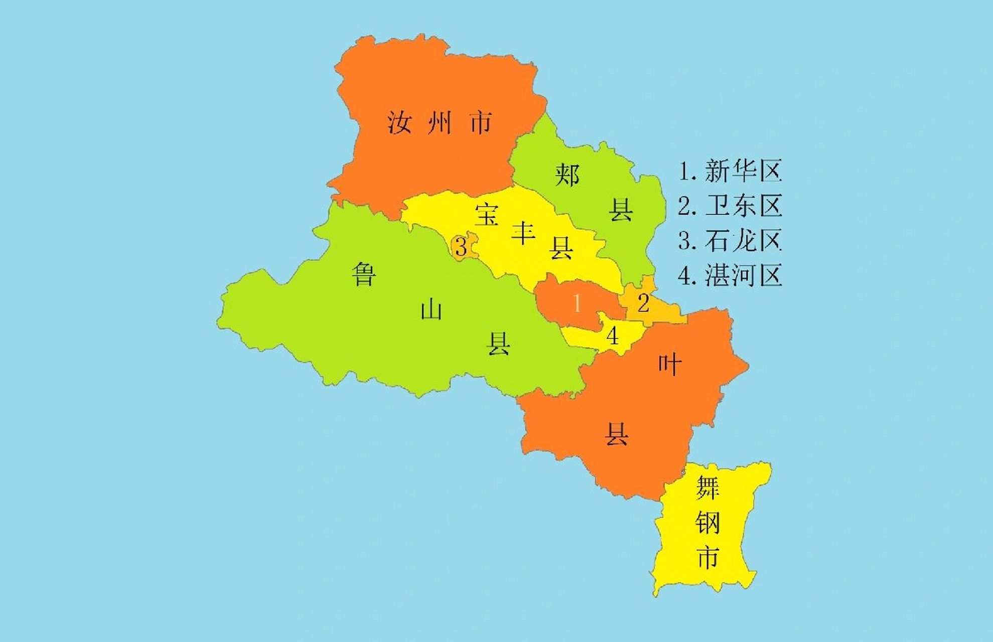 河南行政区划地图 平顶山,别称鹰城,下辖4区4县2市:新华区,卫东区