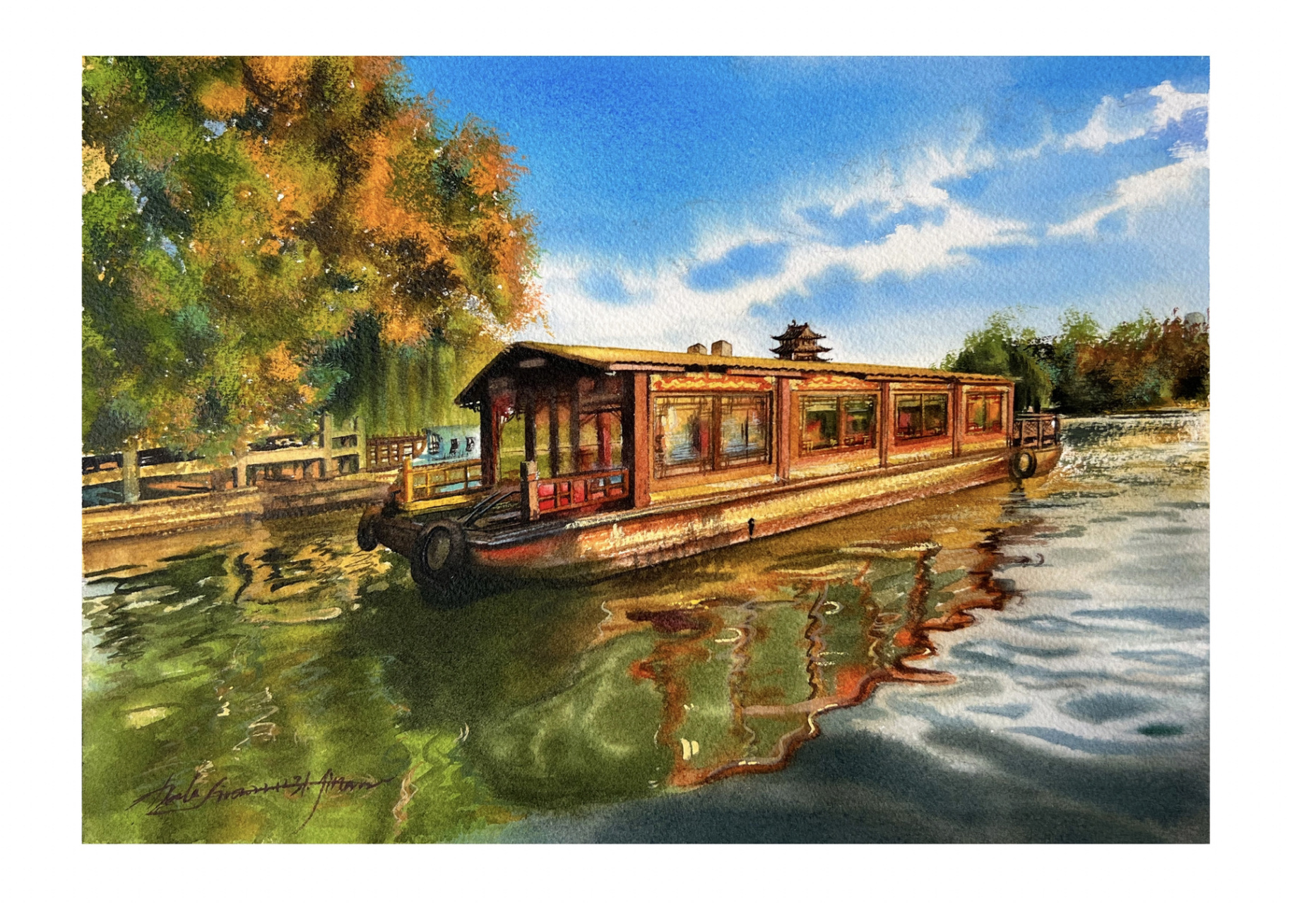 水彩速涂一张明湖游船,附过程图 依旧是画的济南,大明湖的游船,有坐过