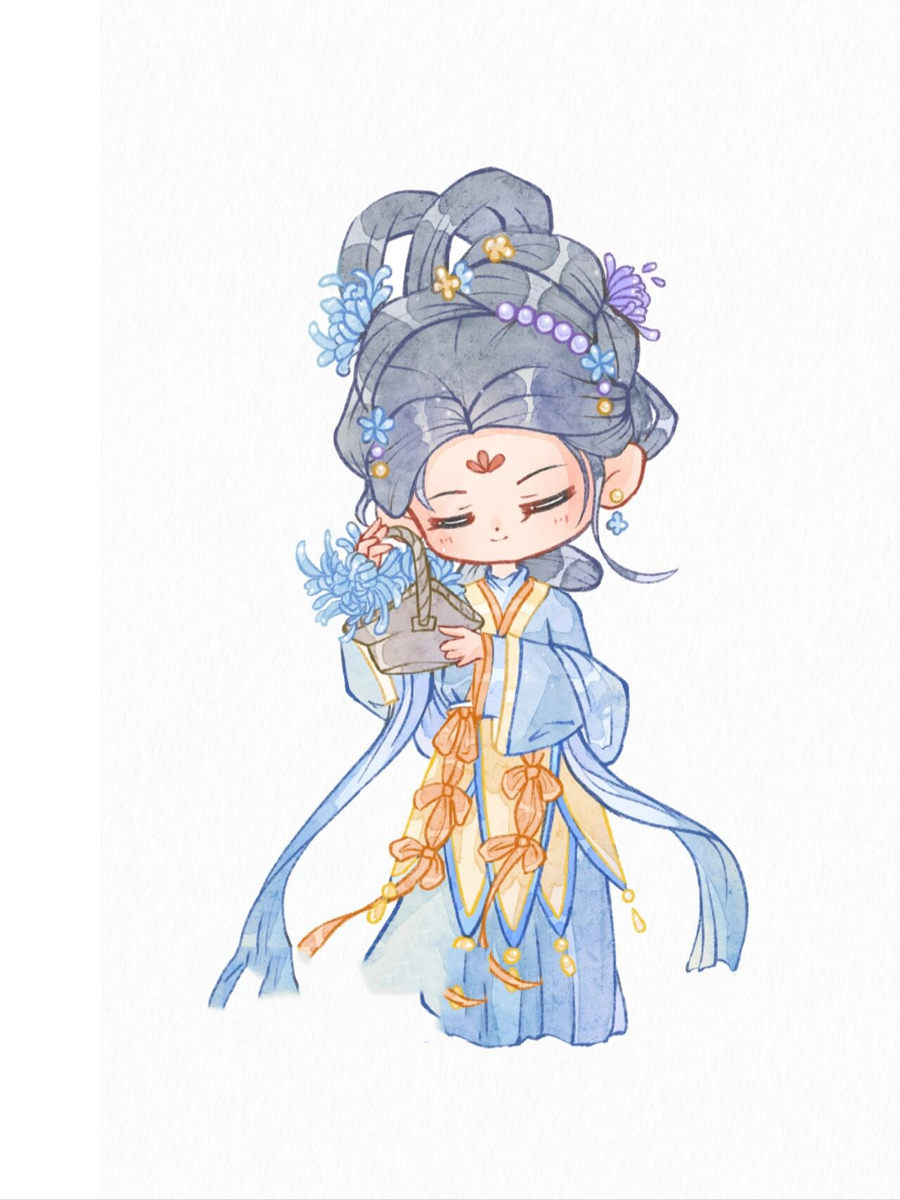古风水彩q版人物打卡丨雅丽魏晋 不是花中偏爱菊,此花开尽更无花 这周
