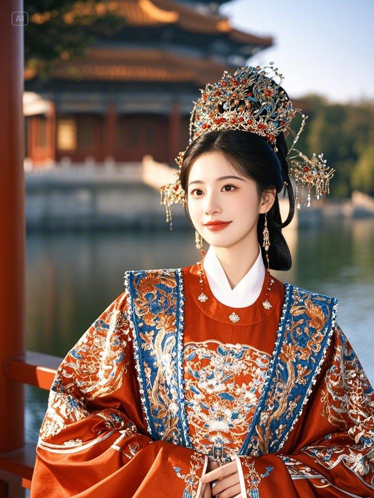 大明公主,大明制汉服,头饰贵重,眉清目秀,齿白唇