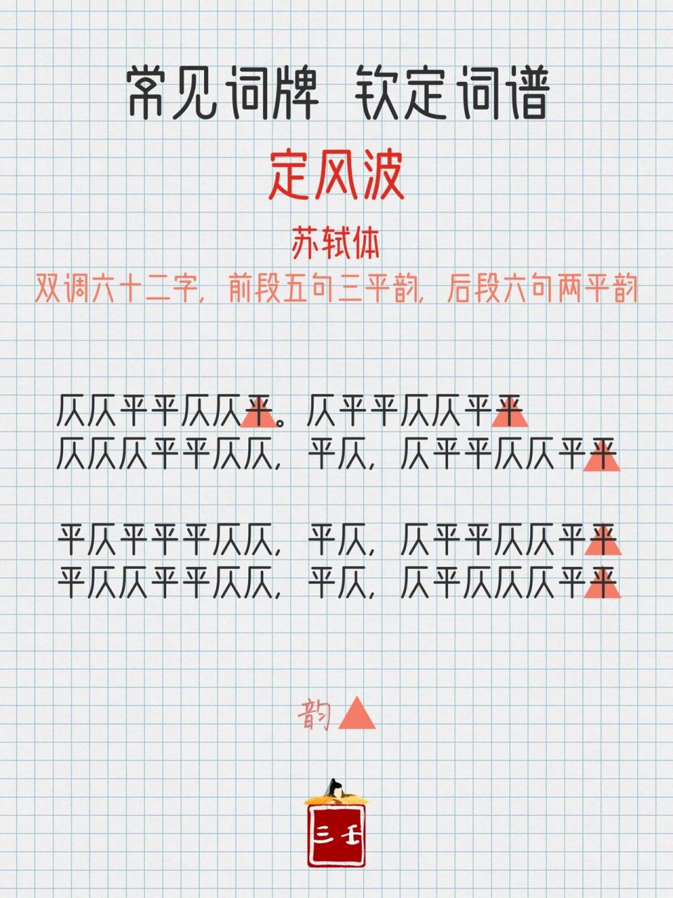 古诗词|常见词牌名对应的词谱*定风波*苏轼 定风波——唐教坊曲名
