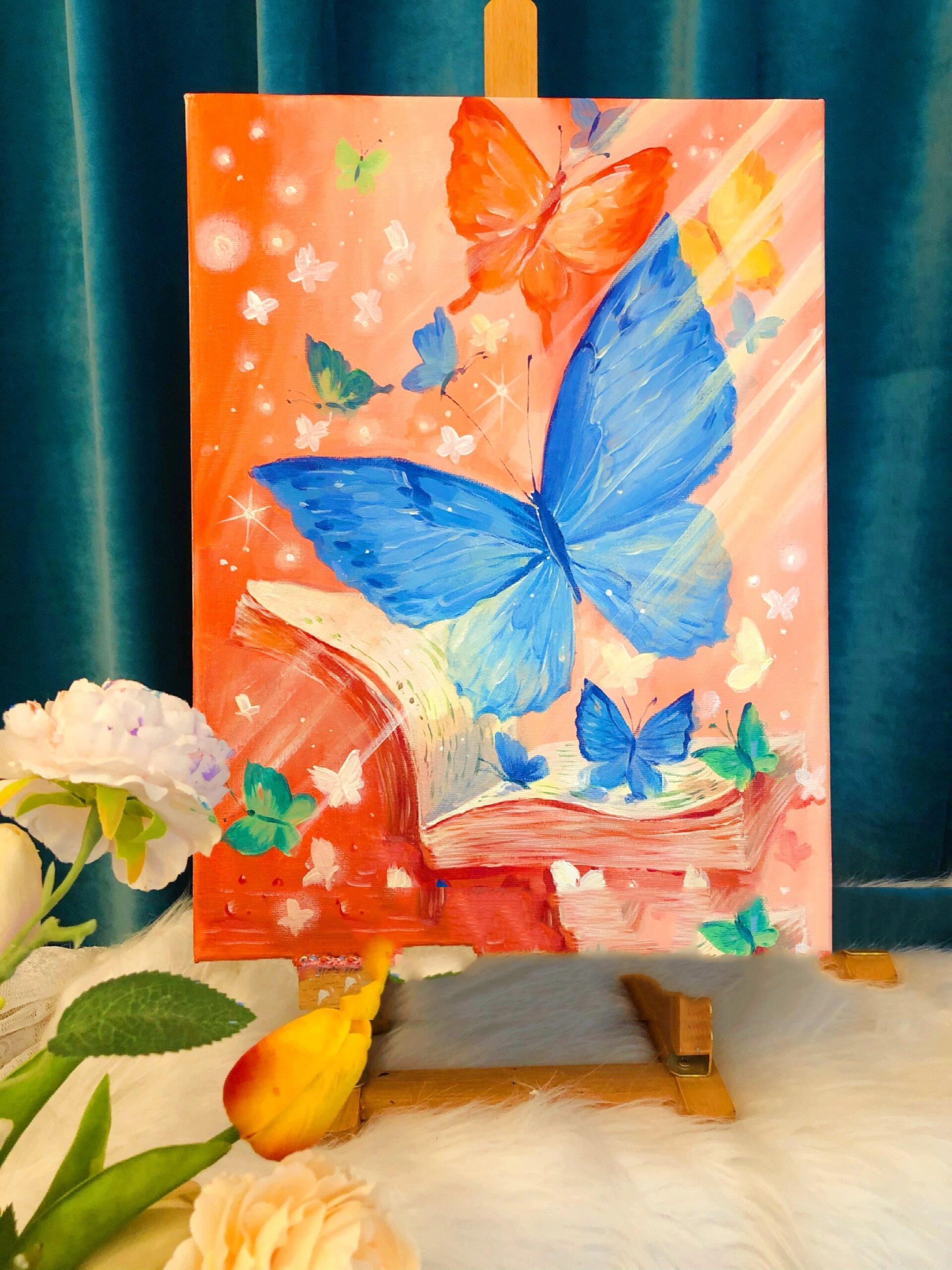 藏在字里行间的浪漫中 	 手绘蝴蝶,书中的蝴蝶,原创丙烯画,绘画