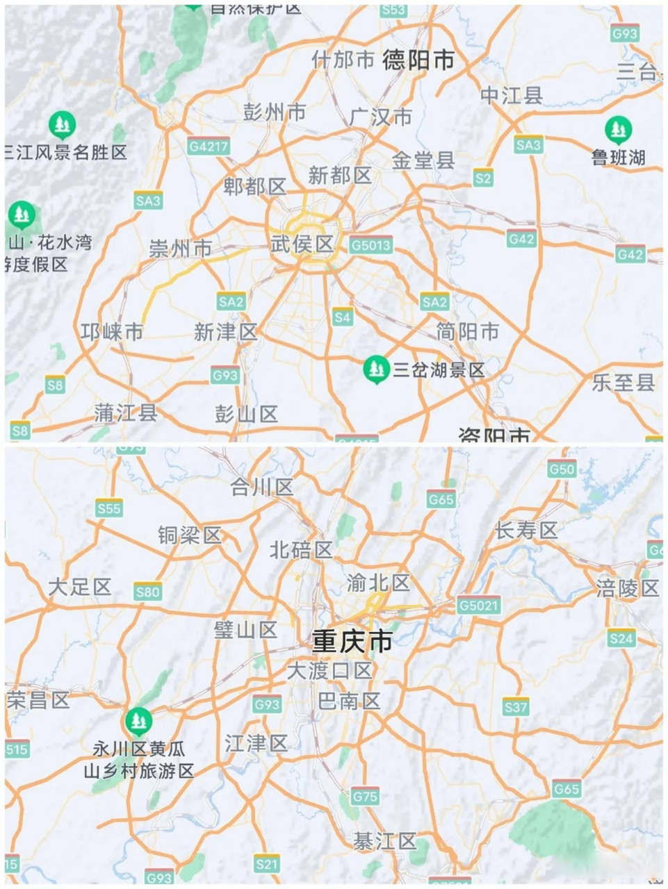 成都和重庆环线对比,不同比例尺下我们看看有什么不同?