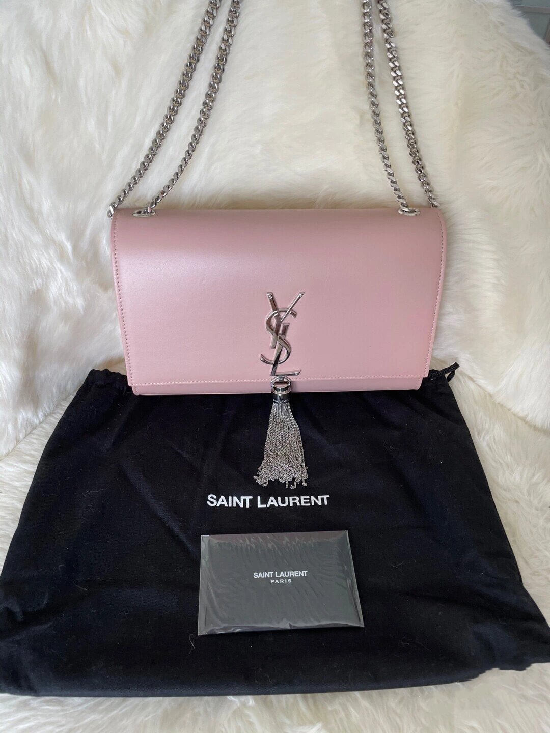 ysl圣罗兰kate淡裸粉色全皮中号流苏链条包