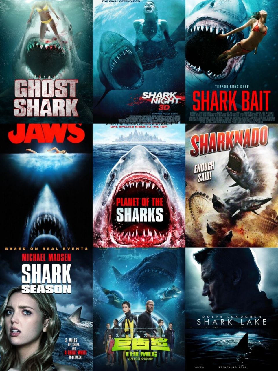 排名不分先后,送给喜欢鲨鱼系列恐怖片的粉丝～ 接下来要不要出个鳄鱼