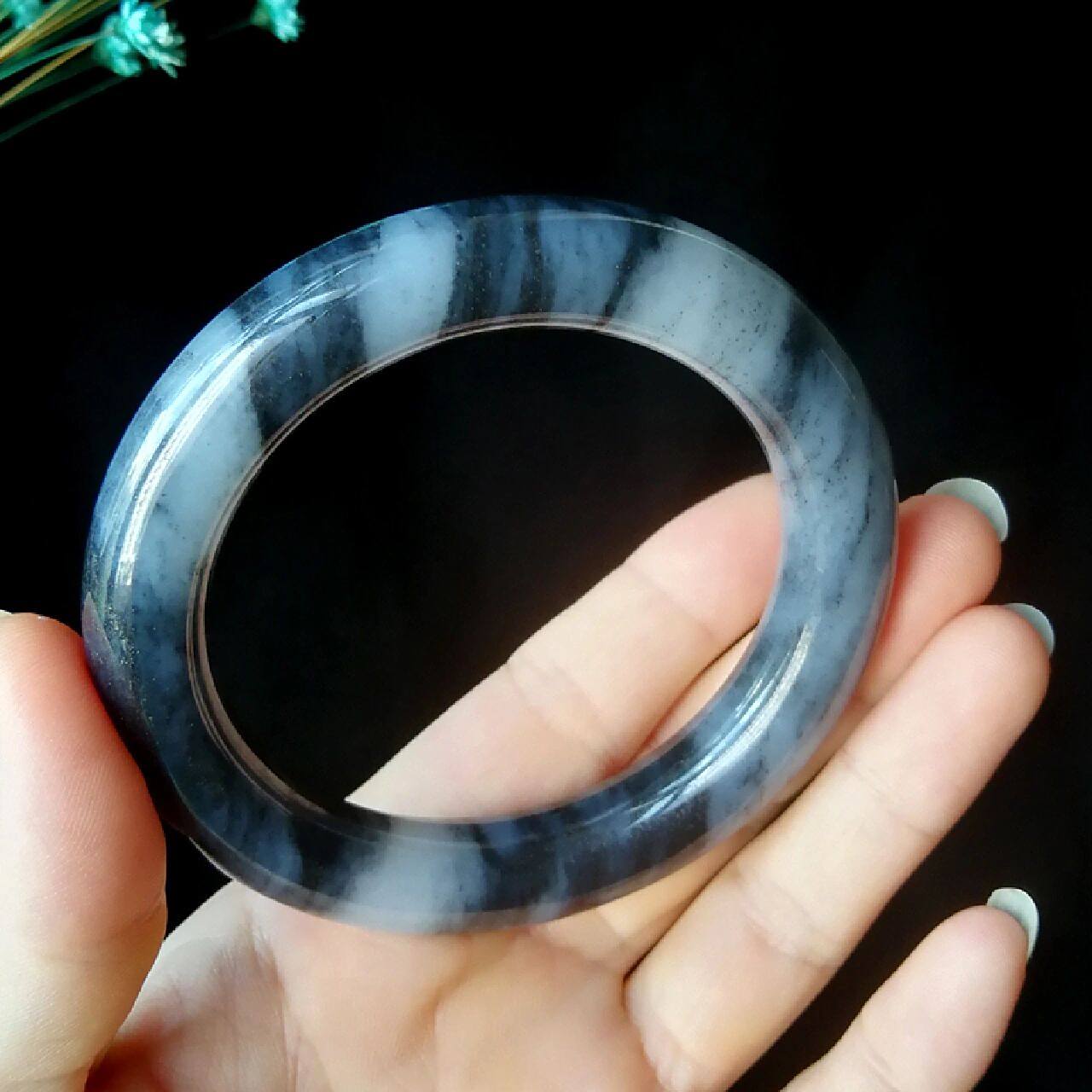 俄料青花籽料圆条手镯54.5mm 诗情画意 和田玉青花瓷手镯,俄料.