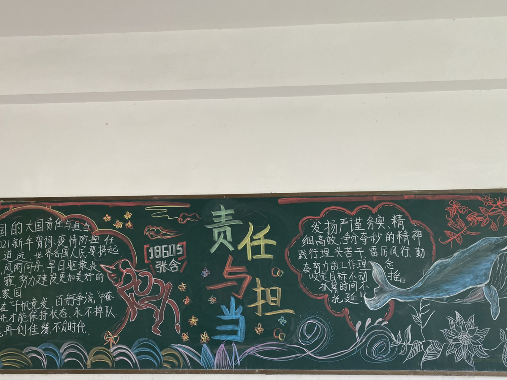 《责任与担当》黑板报 偷了个懒上一期的边框和画没有擦掉就把字擦了