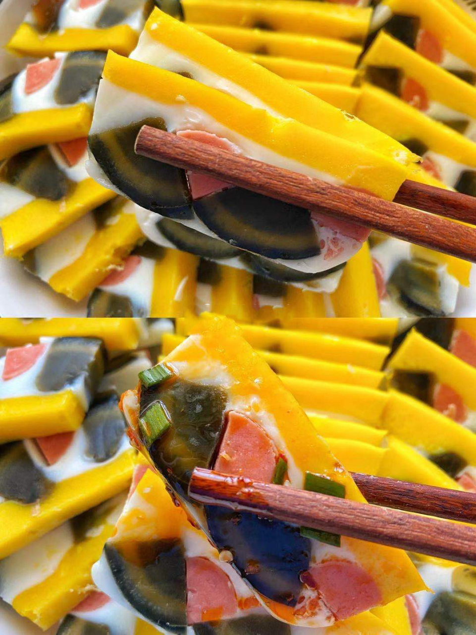 颜值高零失败 73三色蒸蛋是利用皮蛋,鸡蛋,火腿肠来制作,不需要再