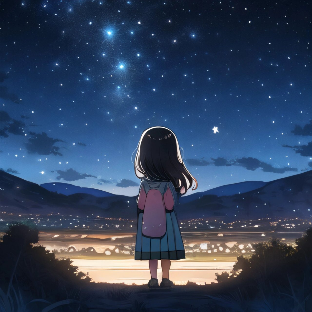 小女孩仰望星空的照片图片
