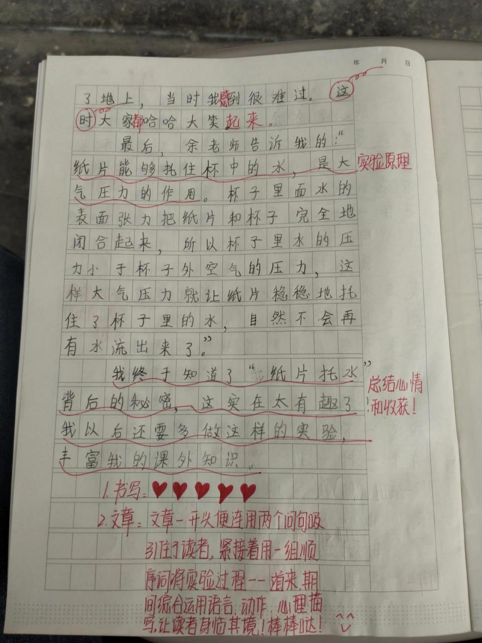 "纸片托水"实验成果 写作文其实就是让孩子们写出自己的所见所闻,所思