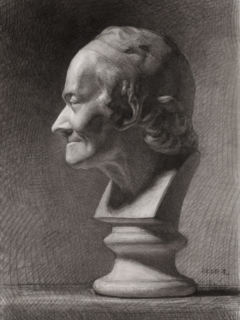 《伏尔泰》 材料:康颂素描纸,14b,老人头橡皮,宣纸纸笔.