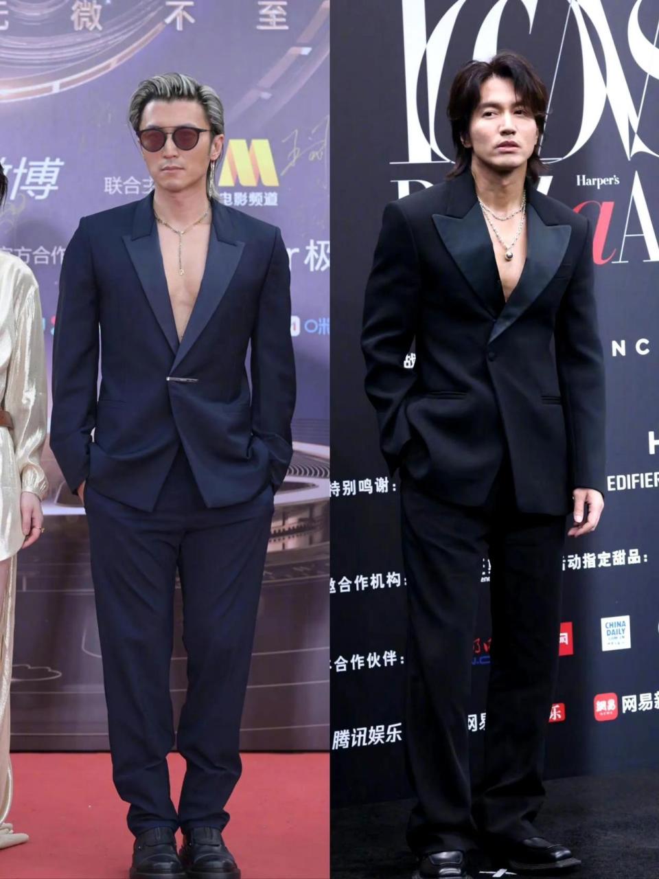 最近在男明星中好像特别流行真空西装这种穿法,今天谢霆锋也是这么