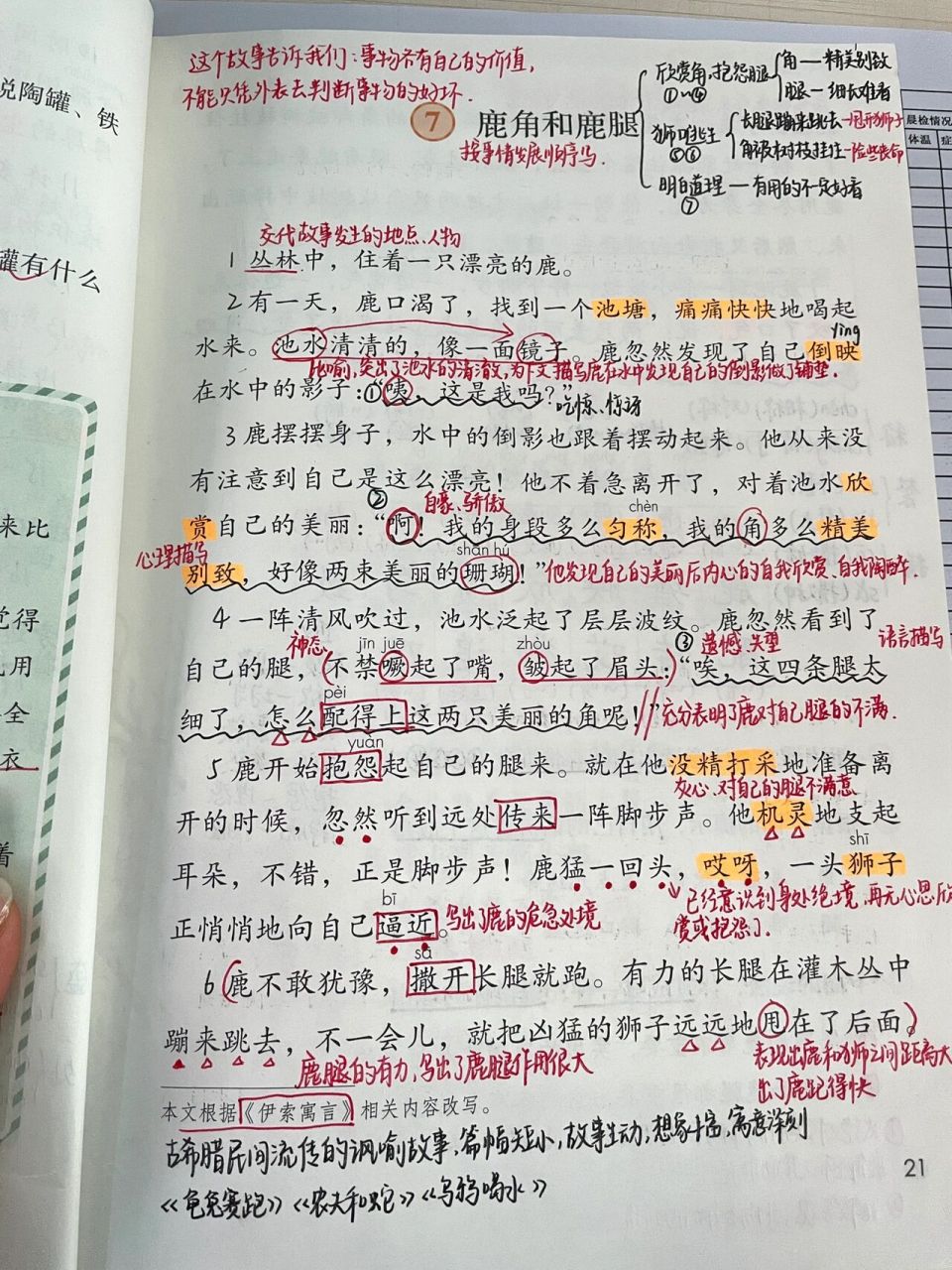 三年级下册语文第7课《鹿角和鹿腿》课堂笔记