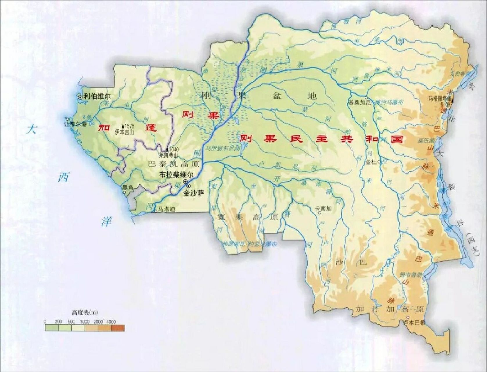 刚果(金),刚果(布)和加蓬地形图