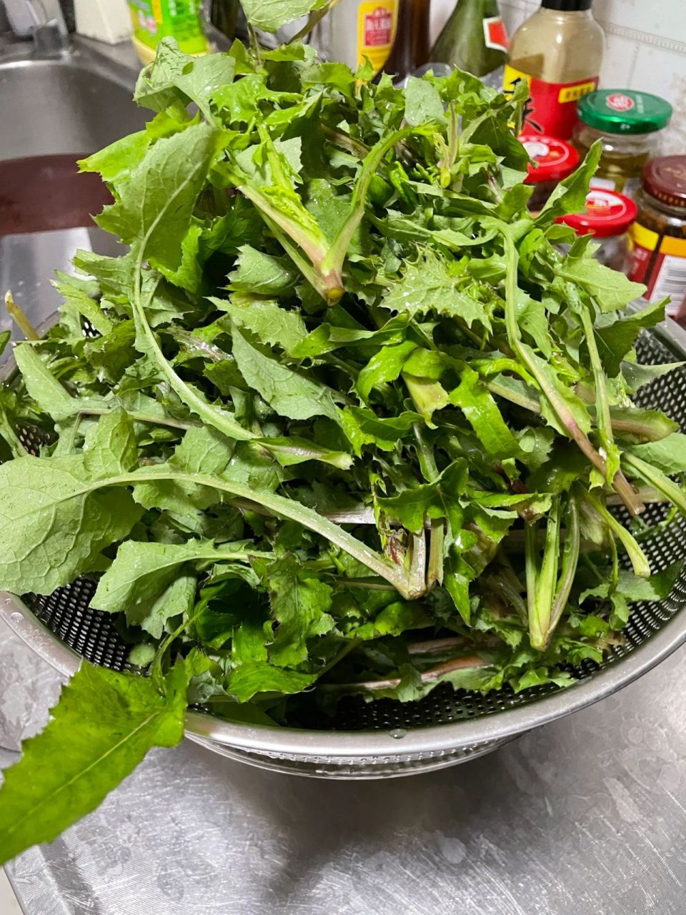 接上篇,野菜(苦麻菜)教程 1,洗净  2,烫(翻两翻就好)3,放凉水里面过一