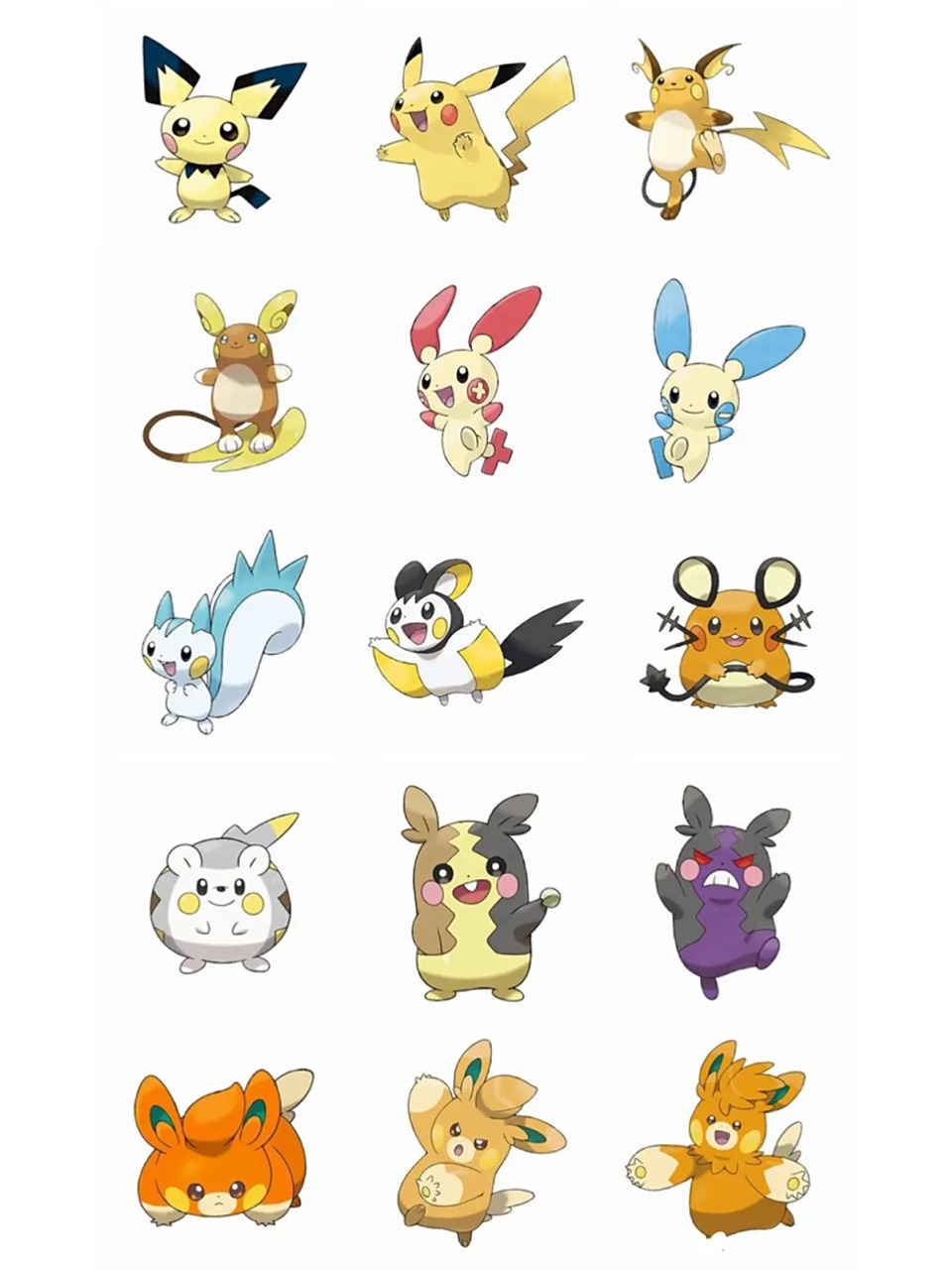 第一行   皮丘,皮卡丘,雷丘 第二行   雷丘(阿罗拉形态),正电拍拍,负