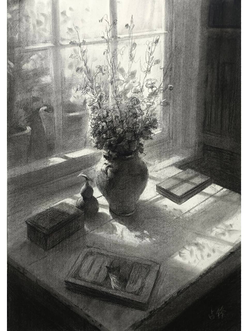 素描小场景 步骤 画面需要光,生活也一样   工具:炭条,炭粉,卡西米尔