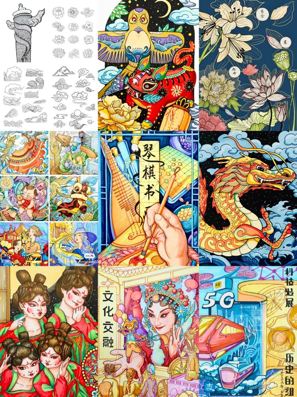 画过的中国传统风格做下汇总,包含素材,装饰画,快题