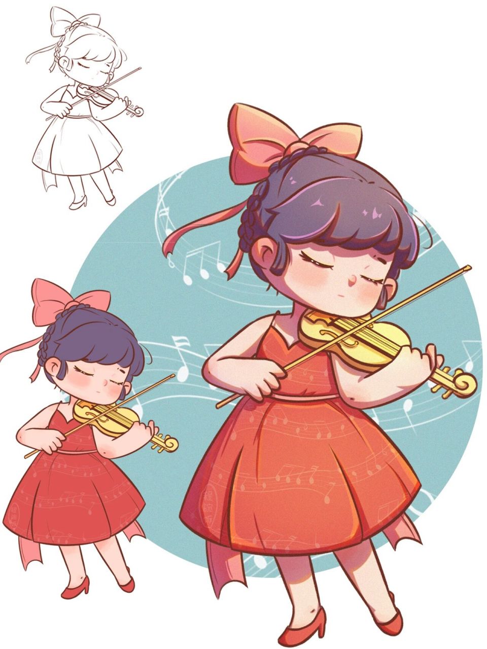小提琴小女孩~治愈系扁平风插画 今日画了小提琴小女孩~太可爱啦!