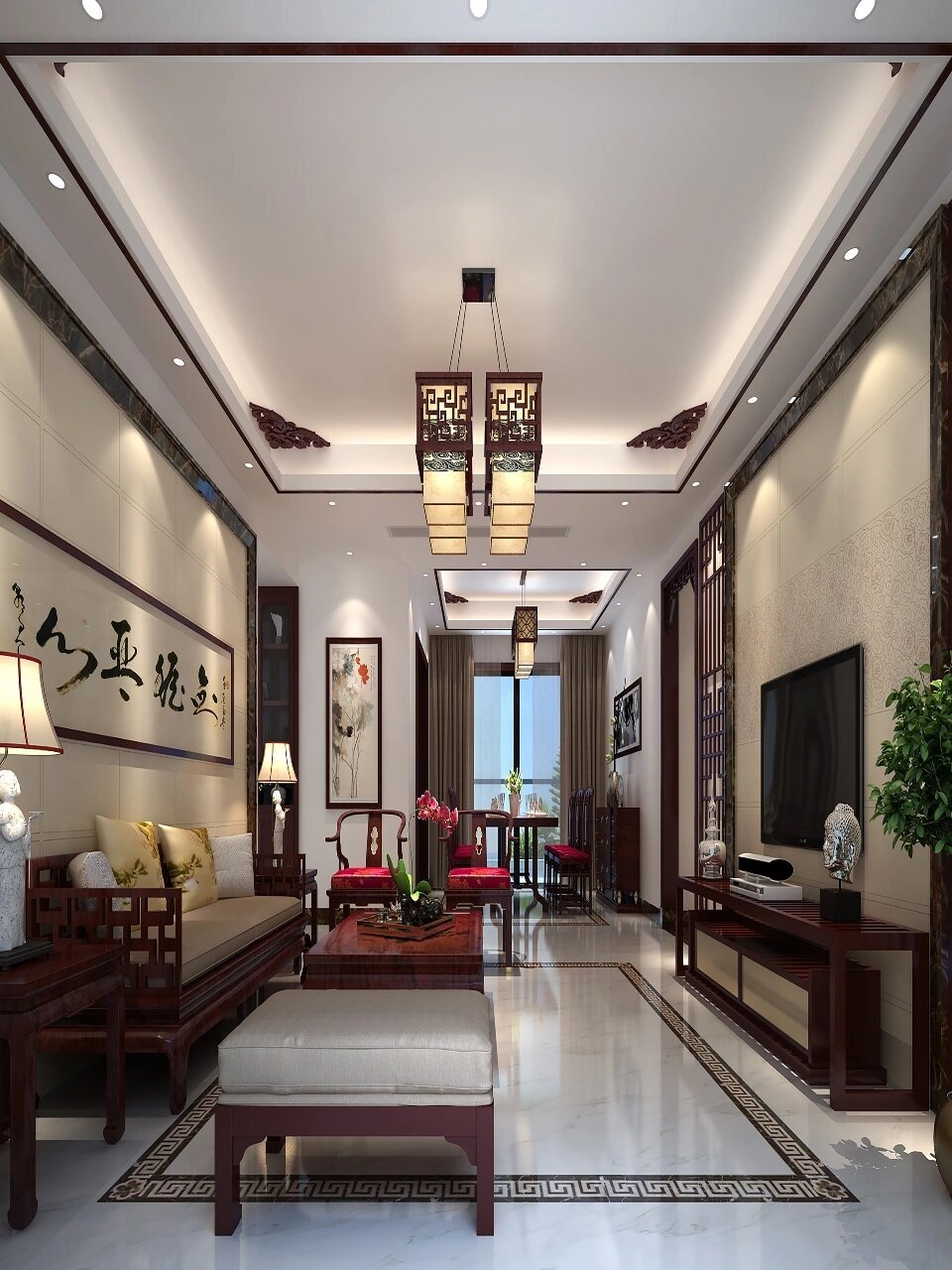 94客餐厅 73客餐厅家具彰显浓郁中式神韵,回字形吊顶加上实木