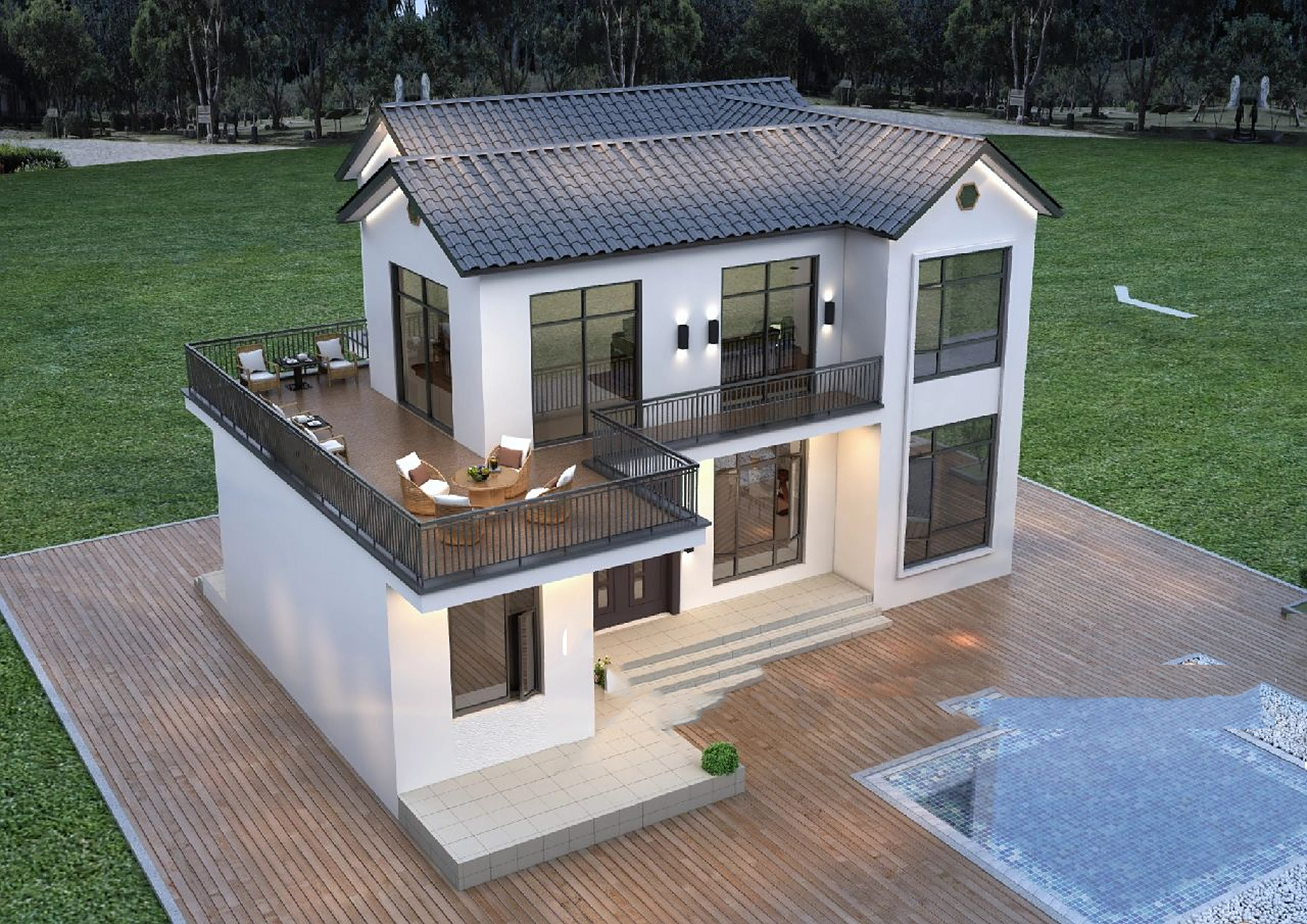 七字型时尚简约二层自建房别墅图|湖南永州 92七字型二层时尚简约自