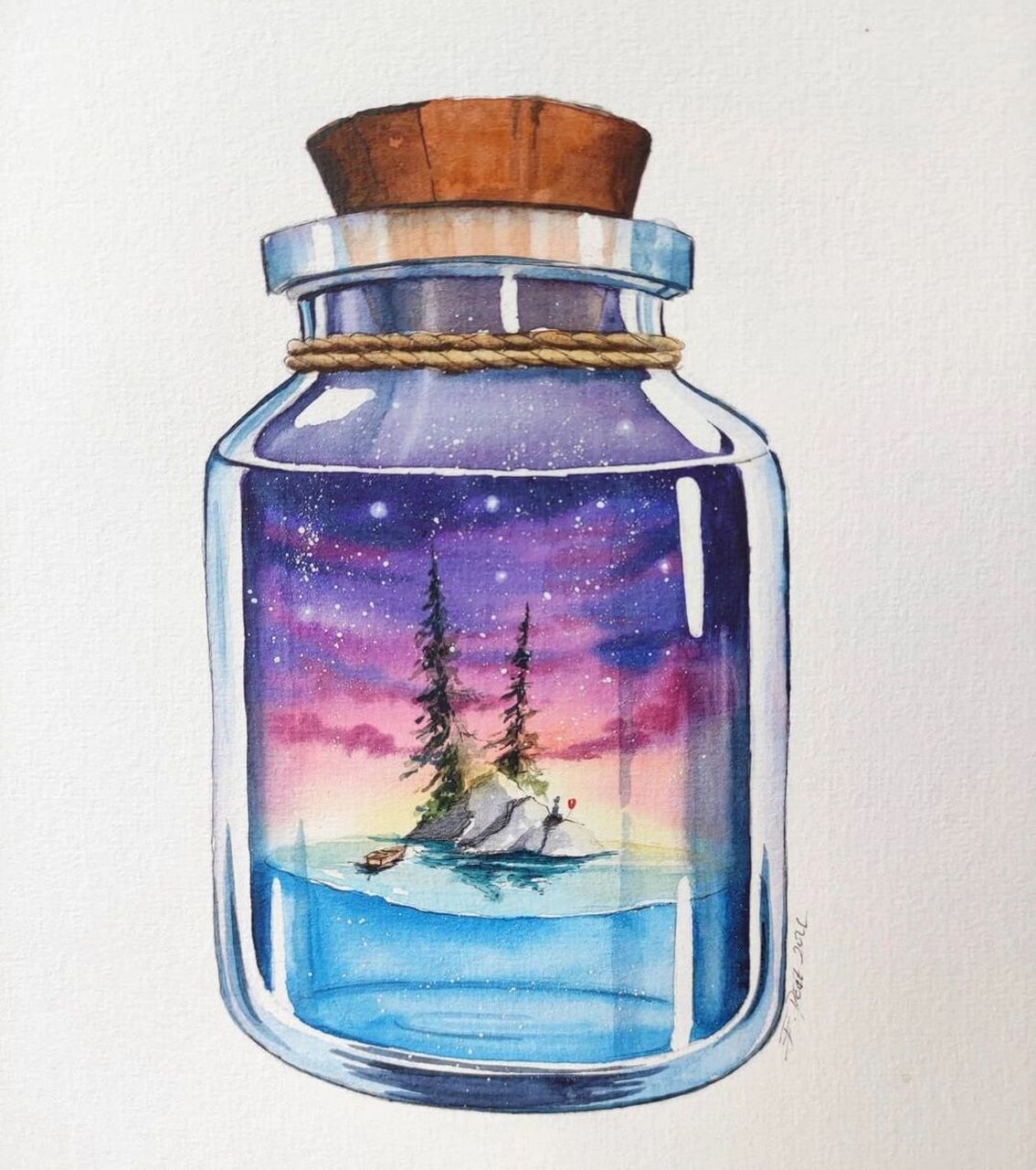 梦幻漂流瓶系列水彩画.