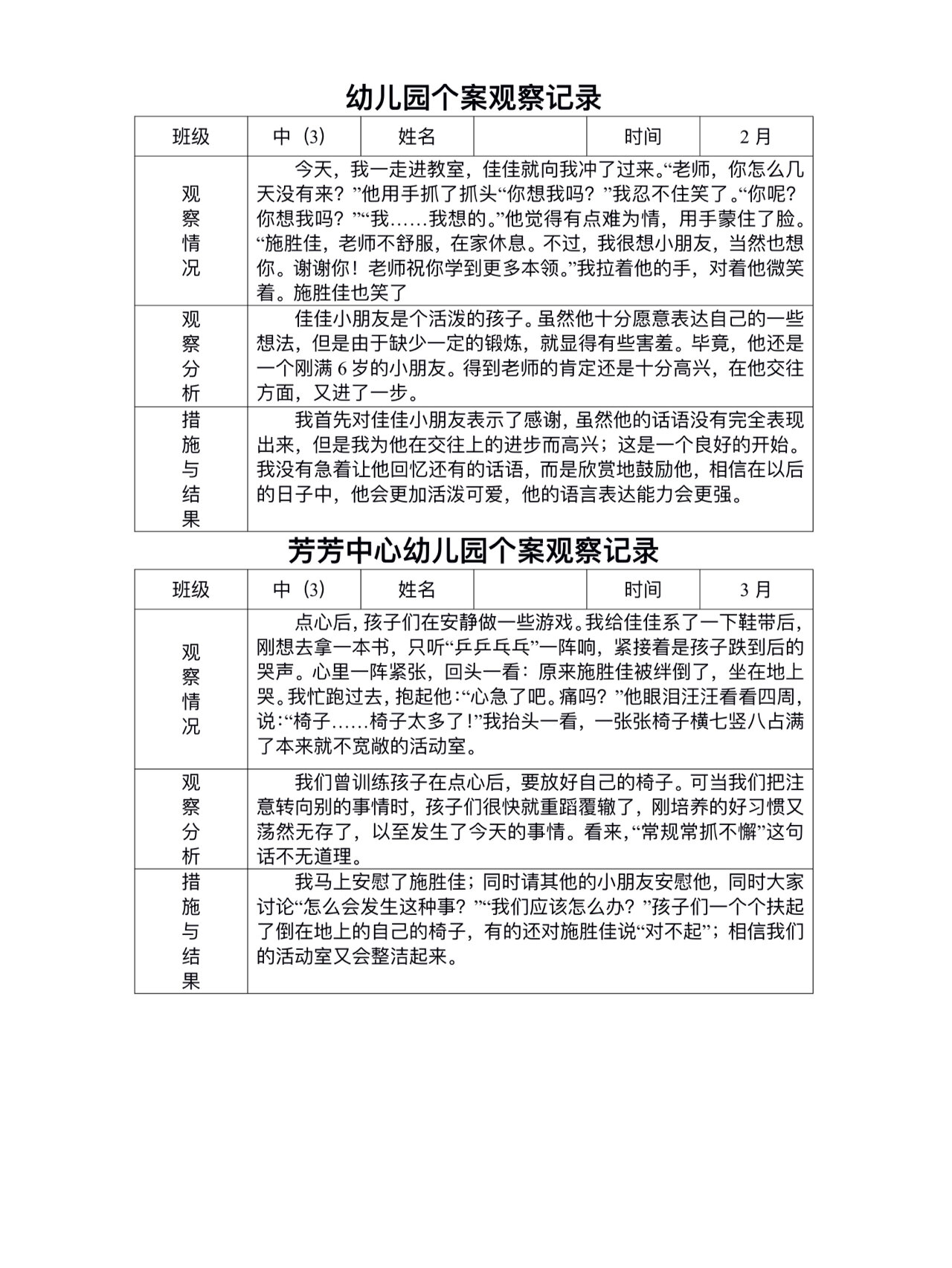 个案观察记录表格模板