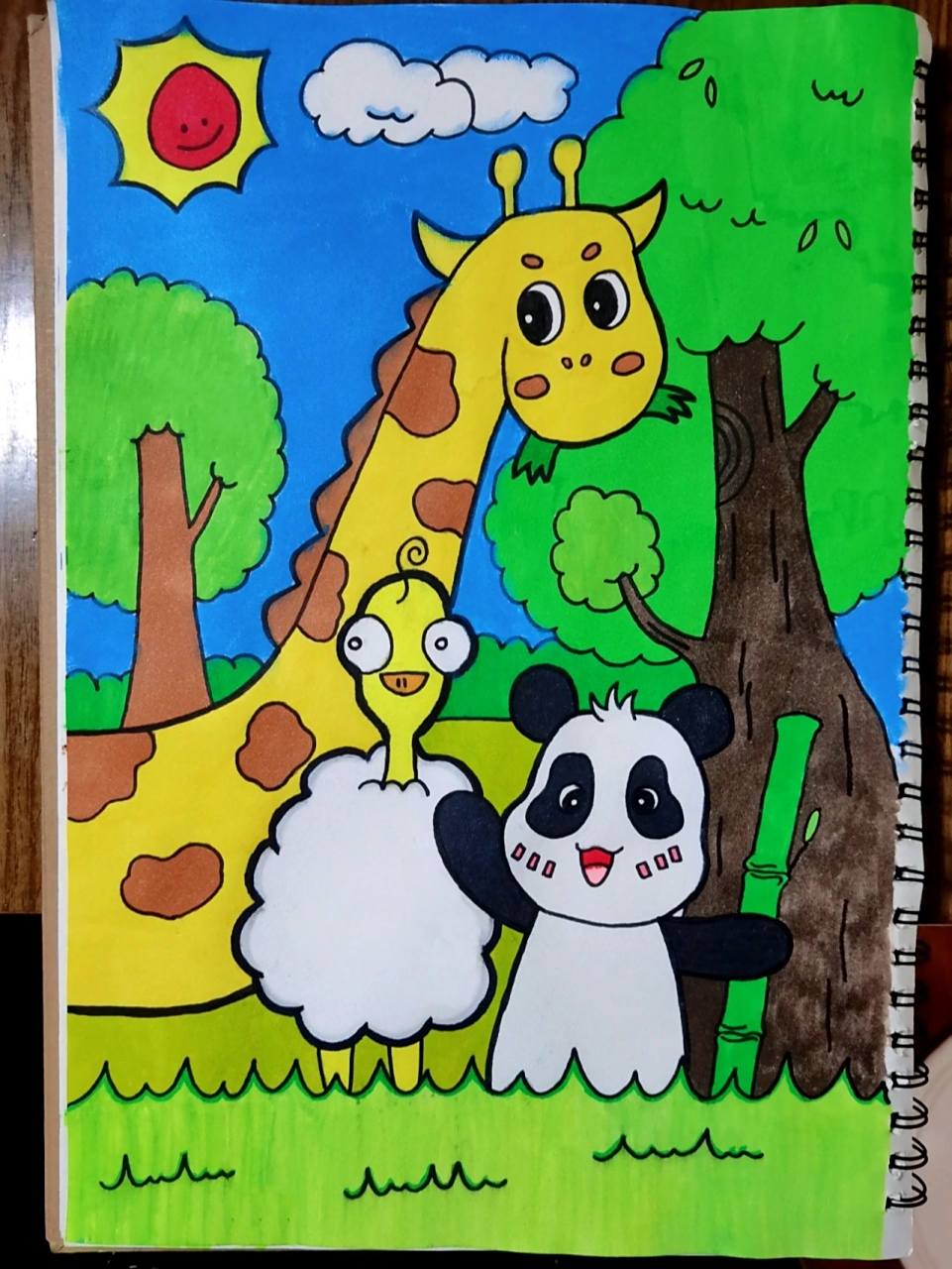 森林动物儿童画/简笔画/马克笔    森林动物画 长颈鹿鸵鸟熊猫