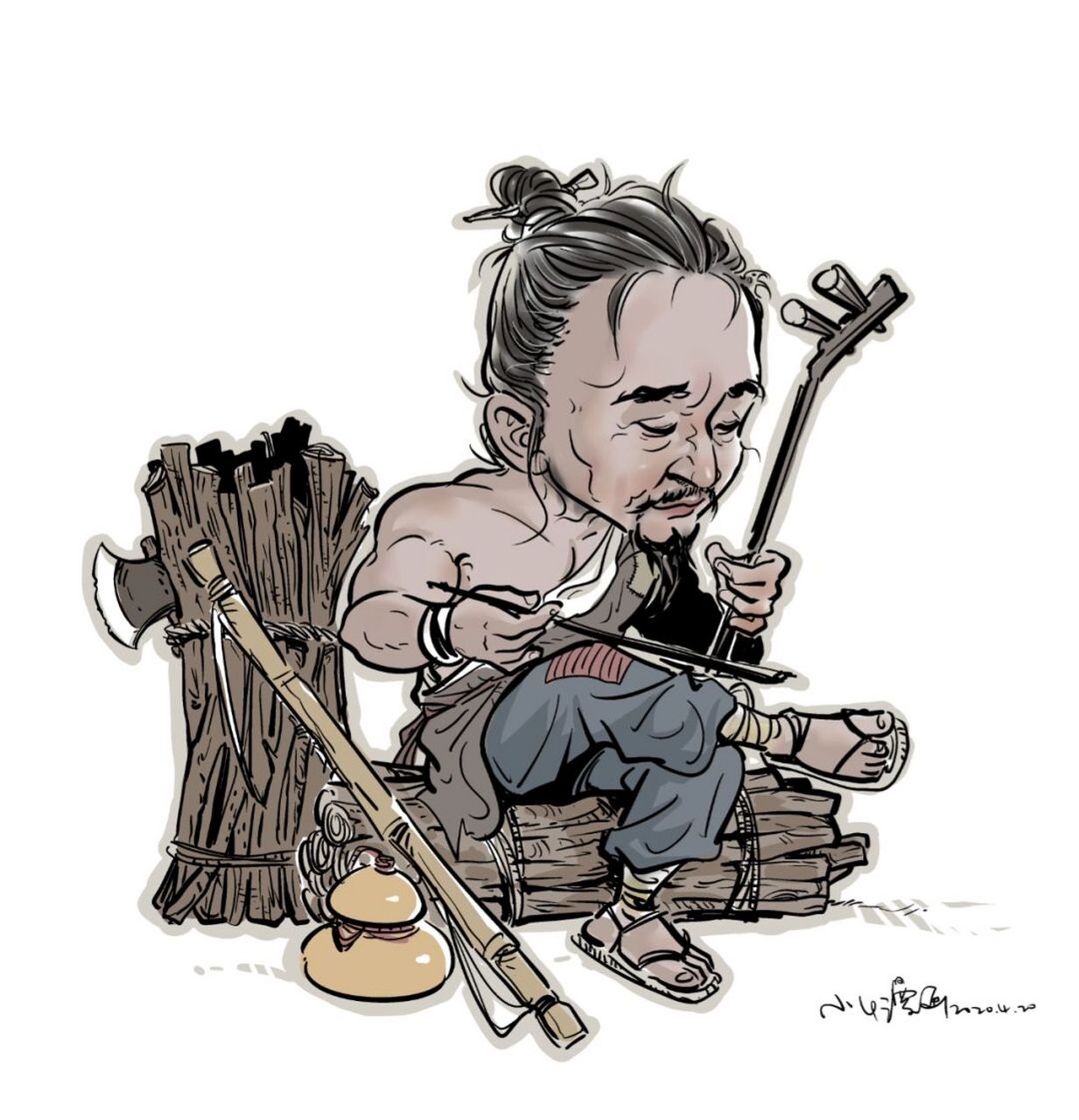 漫画人物:拉胡琴的樵夫 #小4漫画# #原创漫画# #漫画肖像# #漫画人物