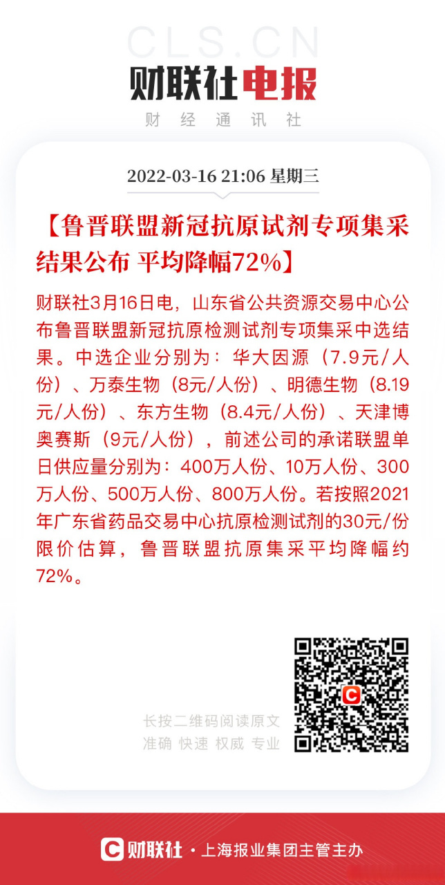 【鲁晋联盟新冠抗原试剂专项集采结果公布,平均降幅72】财联社3月16