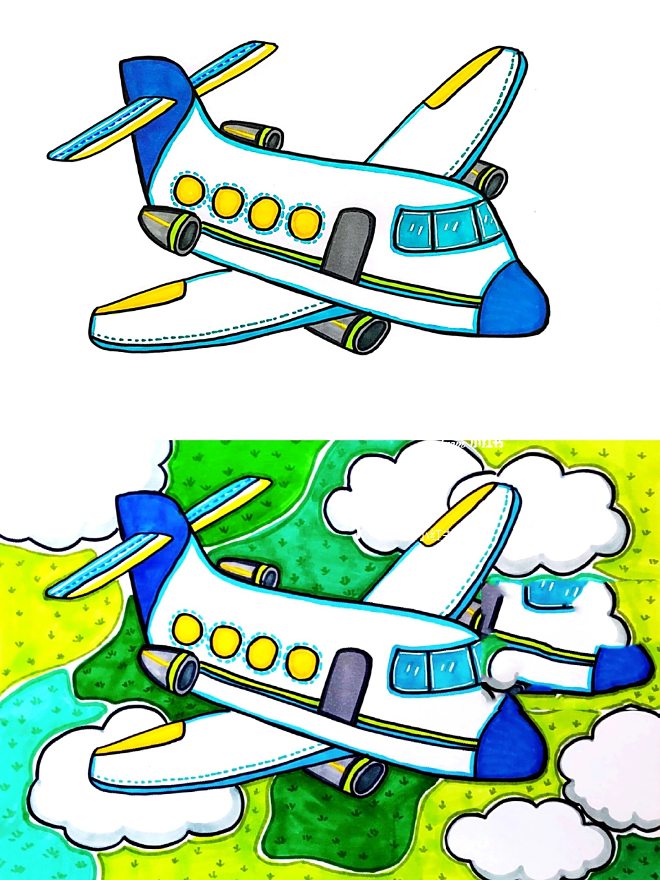 儿童画–飞机‖翱翔的飞机(有课件步骤) 适合6-7岁绘画 飞机在空中