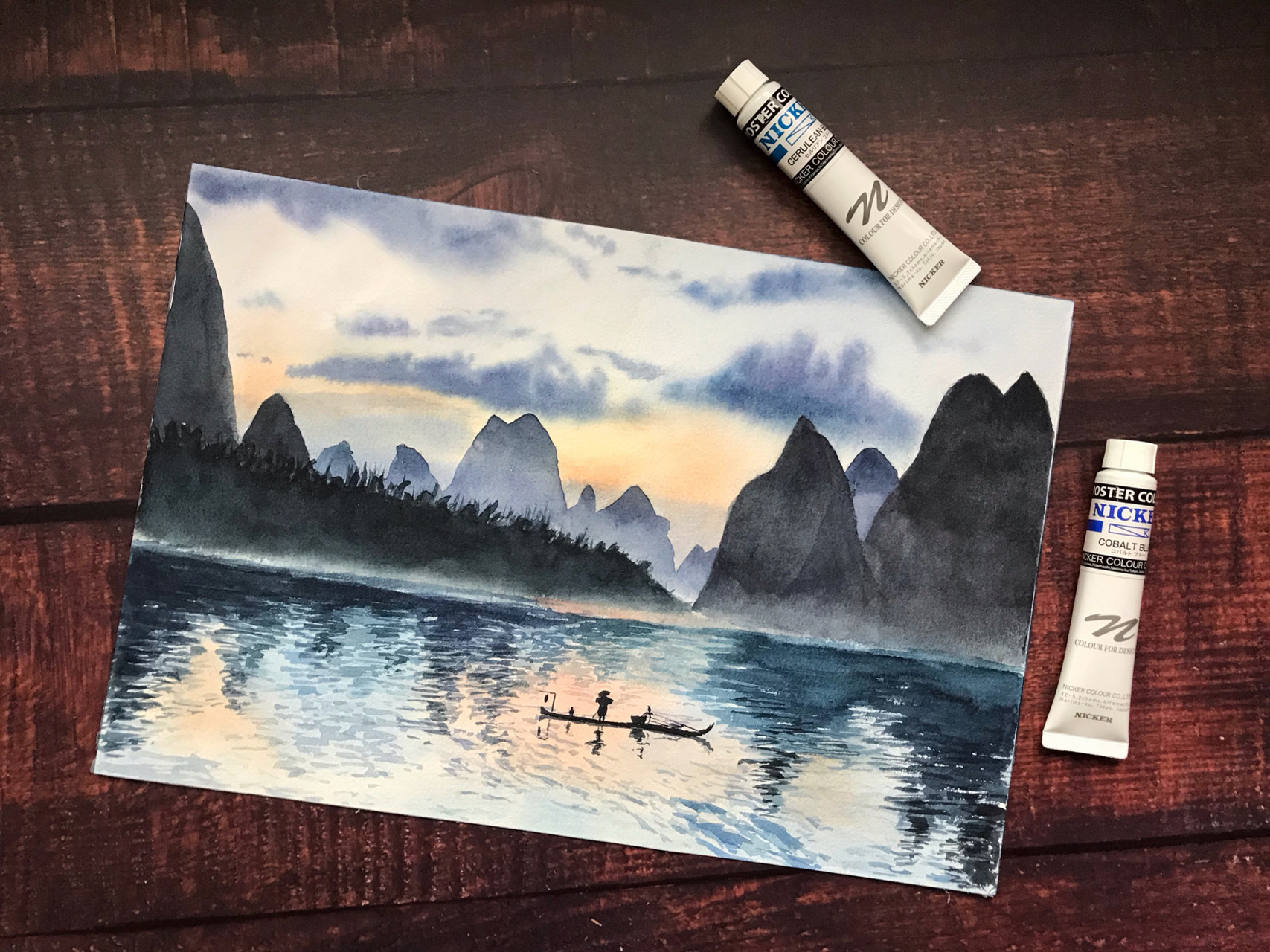 水彩手绘画 桂林山水 阿俏老师风景班的作业,接触水彩两年,画了两张