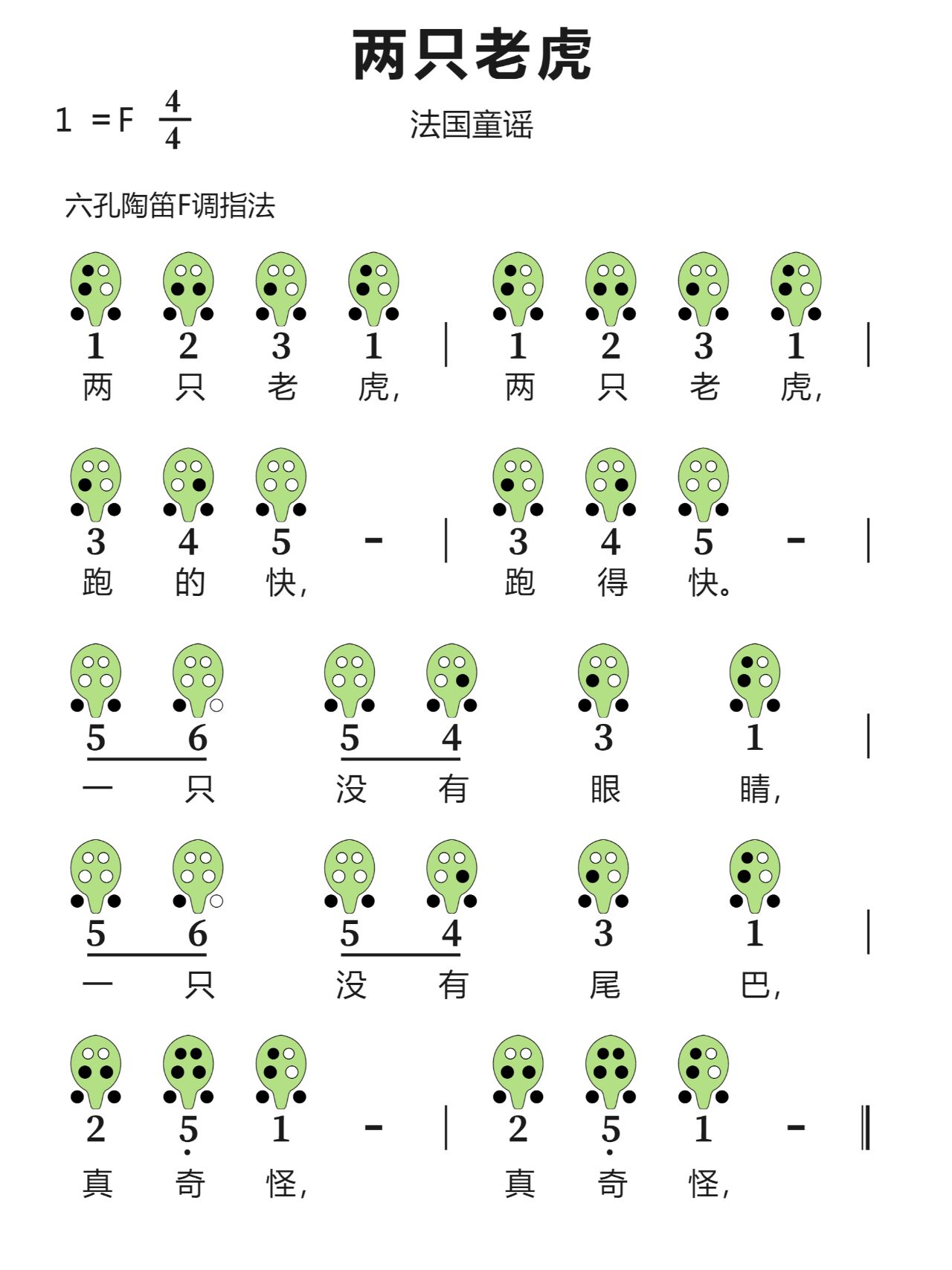 《两只老虎》6孔陶笛曲谱 欢迎一起交流陶笛心得 需要更多曲谱欢迎