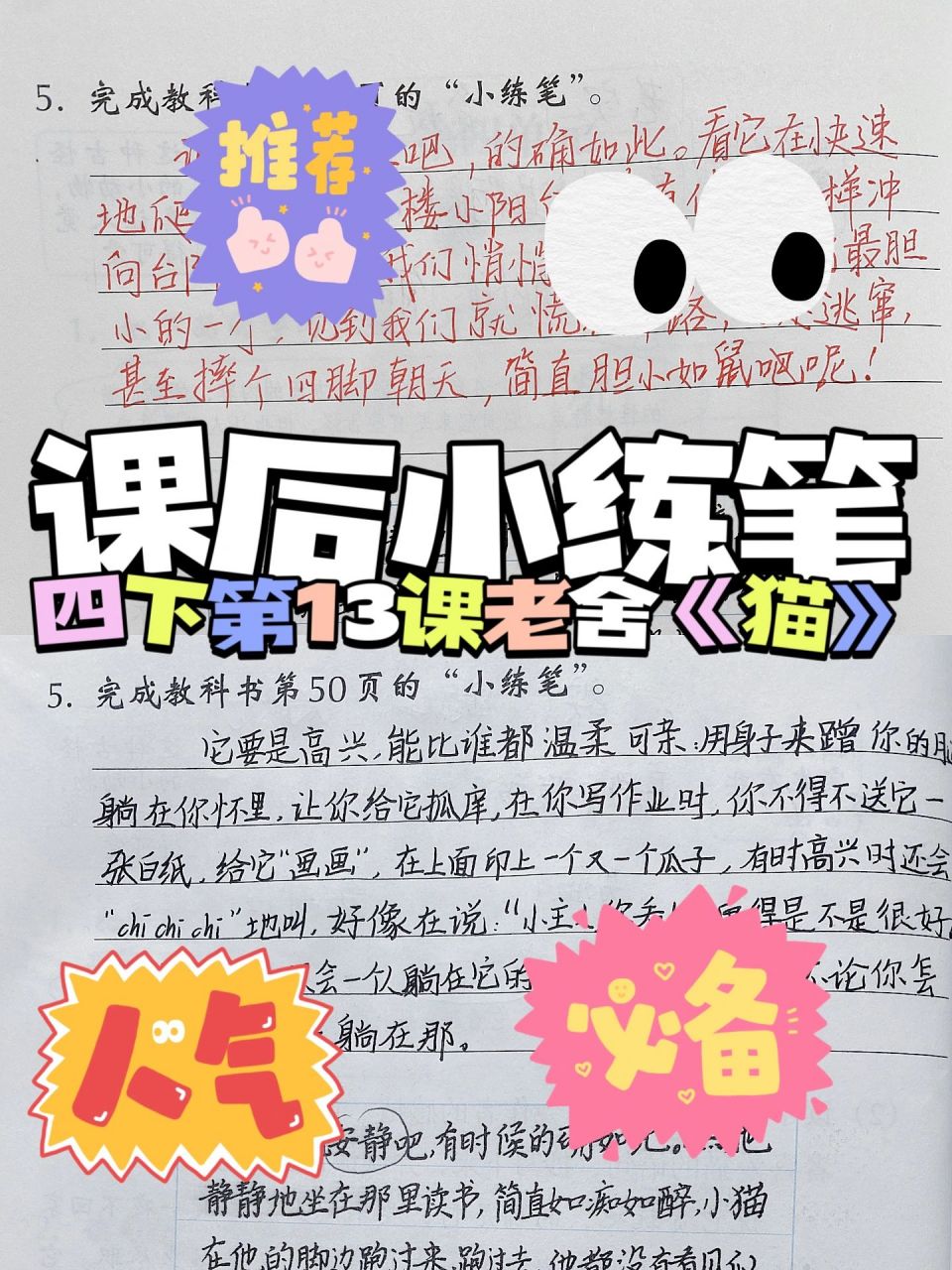 超实用:四年级课后小练笔 四下第13课 老舍《猫》 课后仿写 小练笔